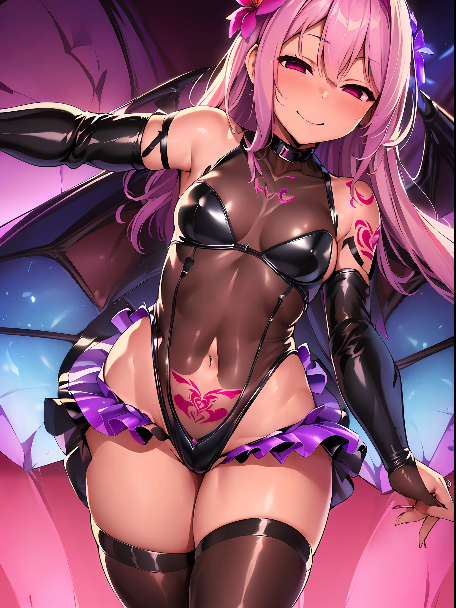 (illustration:1.2), (extremely detailed:1.2), (highly detailed:1.2), (best quality:1.2), (masterpiece:1.2), (extremely detailed 8K wallpaper:1.2), (highres:1.3), (semi-realistic:1.1), (photorealistic:1.1), (portraits:1.3), anime, comic, nsfw, (volumetric lighting:1.2), (cinematic lighting:1.2), (upper body:1.4), (from side:1.2), , (1 gril:1.4), (solo:1.4), (medium breasts:1.1), Jennie, kpop Idol, (no pupils:1.2), (empty eyes:1.2), (half-closed eyes:1.3), wide hips, thick thighs, (thigh gap:1.2), big butt, (shaved, (crotch tattoo:1.3), (tattoo on underbelly:1.3), (navel:1.1), (bare shoulders:1.1), (evil smile:1.3), (hair flower:1.2), (standing:1.3), (corruption:1.2), detached sleeves, collar, leotard, latex, (miniskirt:1.4), (pettiskirt:1.4), (layered dress:1.4), petticoat, garter straps, legwear, high heels, (bodystocking:1.4), ribbon, harness, (see-through leotard:1.4), chest jewel, side cutout, waist cutout, navel cutout, stomach cutout, (street:1.3), detailed background, lookin at viewer,