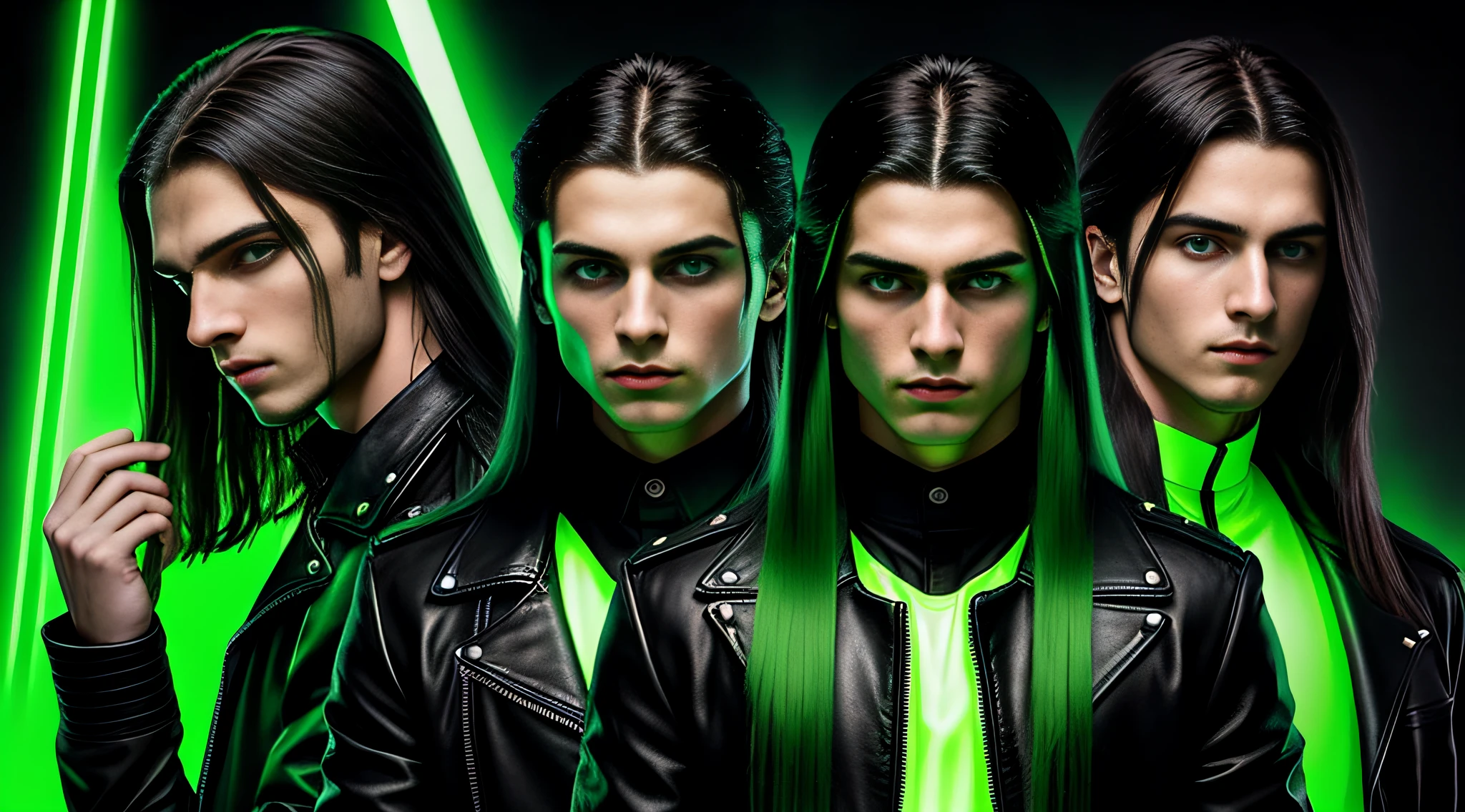 4 Russian boys 20 years old WITH LONG STRAIGHT HAIR dark, PORTRAIT STYLE, black leather jacket that are holding a lamp, promotional image of the film, promotional image, promotional image, promotional art, next gen, bright green, green glow, TV show, bright green eyes, key art, Green glow, neon green, otherworldly green eyes, photo render, enigmatic!!, Color still, image rendered