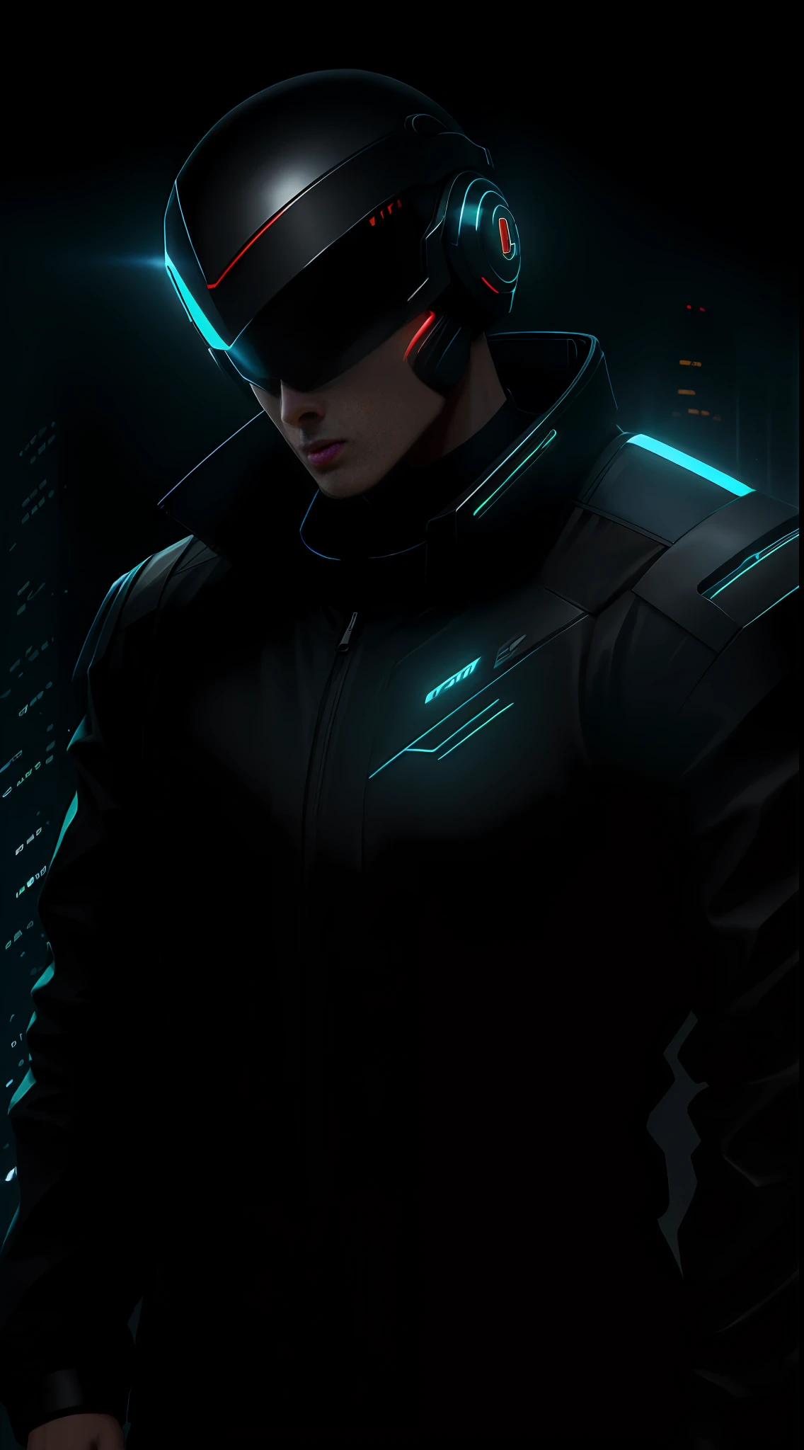 1man, lord with cybernetic pieces, shiny visor, light black short hair, techwear, big black jacket, outdoor skyscraper, neon rim light, night, rain, volumetric lighting, best quality, masterpiece, realistic