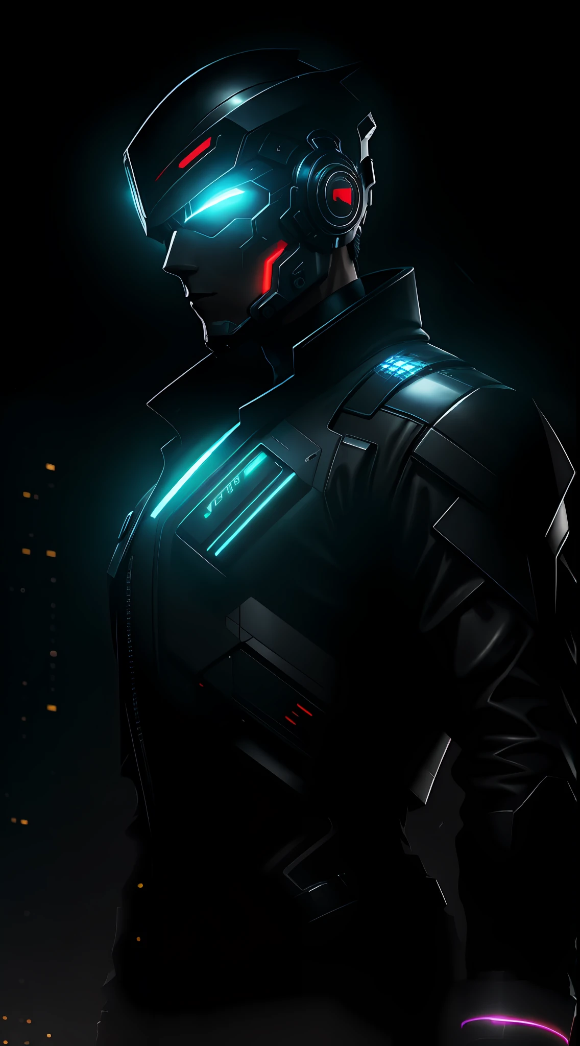 1man, lord with cybernetic pieces, shiny visor, light black short hair, techwear, big black jacket, outdoor skyscraper, neon rim light, night, rain, volumetric lighting, best quality, masterpiece, realistic