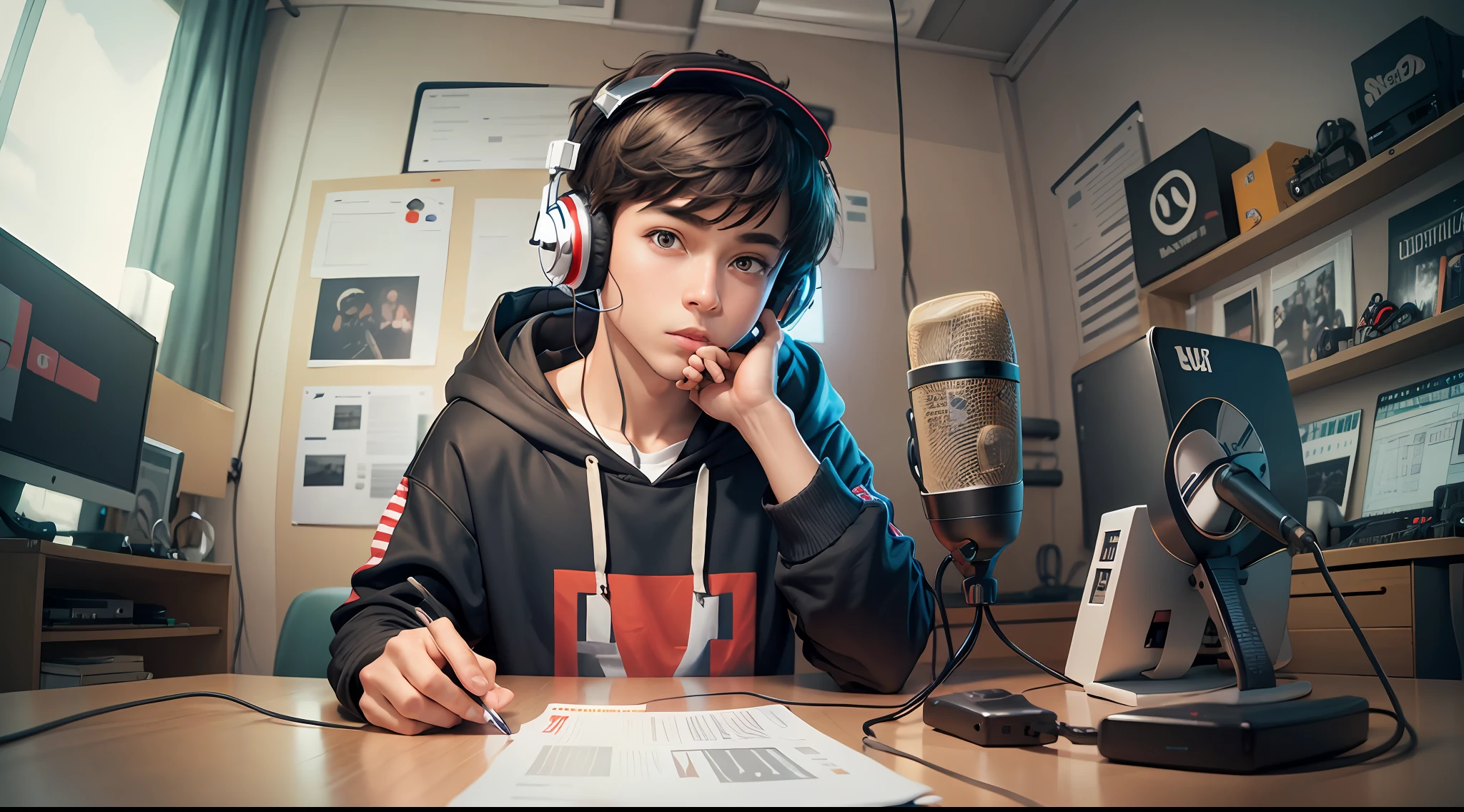 A YouTube channel banner, man, inside a studio with a hoodie in front of a microphone and a headset on his head --auto --s2