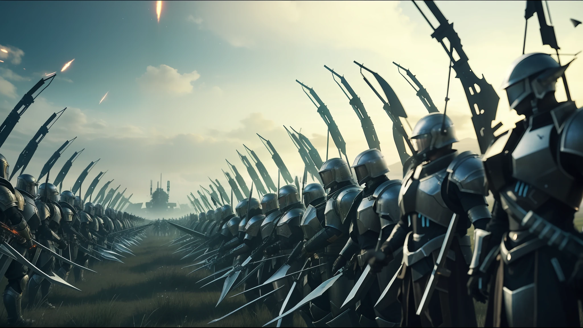 A group of people in armor standing in a field with explosions in the background, anamorphic cinematography, lineage 2 revolution style, mechanical soldiers, adeptus Astartes, standing on the plains of Rohan, black tar particles, swarm