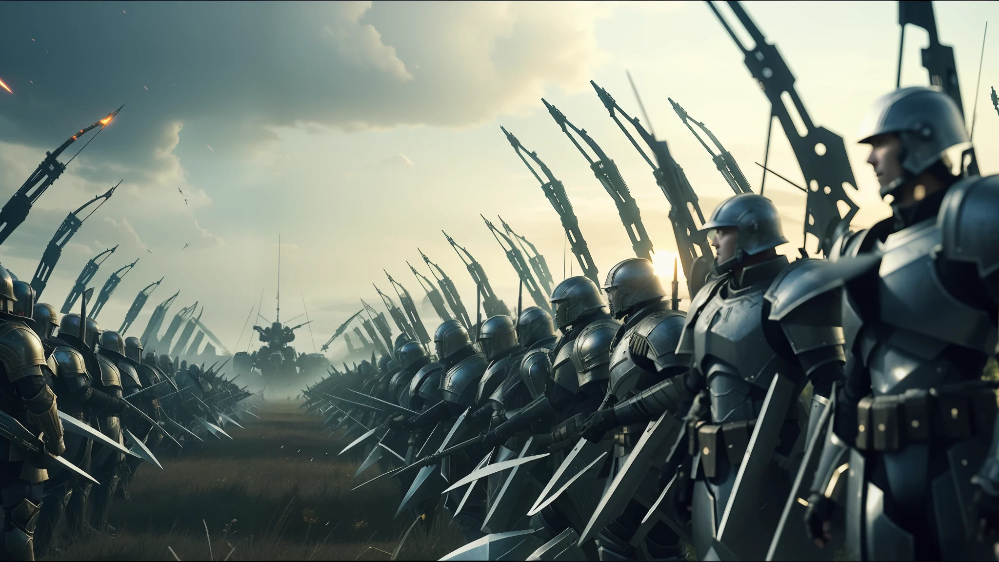 A group of people in armor standing in a field with explosions in the background, anamorphic cinematography, lineage 2 revolution style, mechanical soldiers, adeptus Astartes, standing on the plains of Rohan, black tar particles, swarm