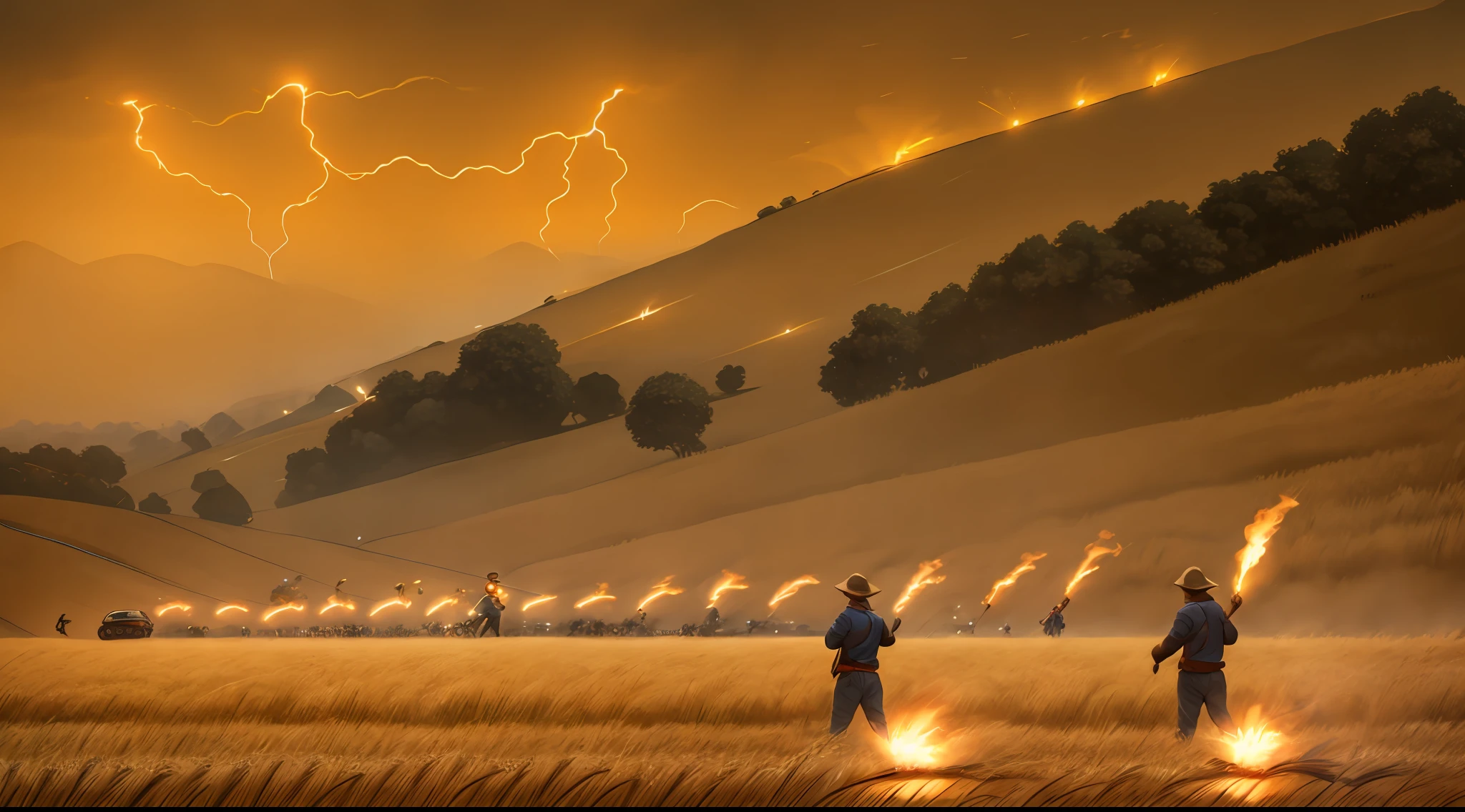 A person stronger than a wheat field and the strong person invades the wheat field at night with torches and the people who take care of the wheat field run --auto --s2