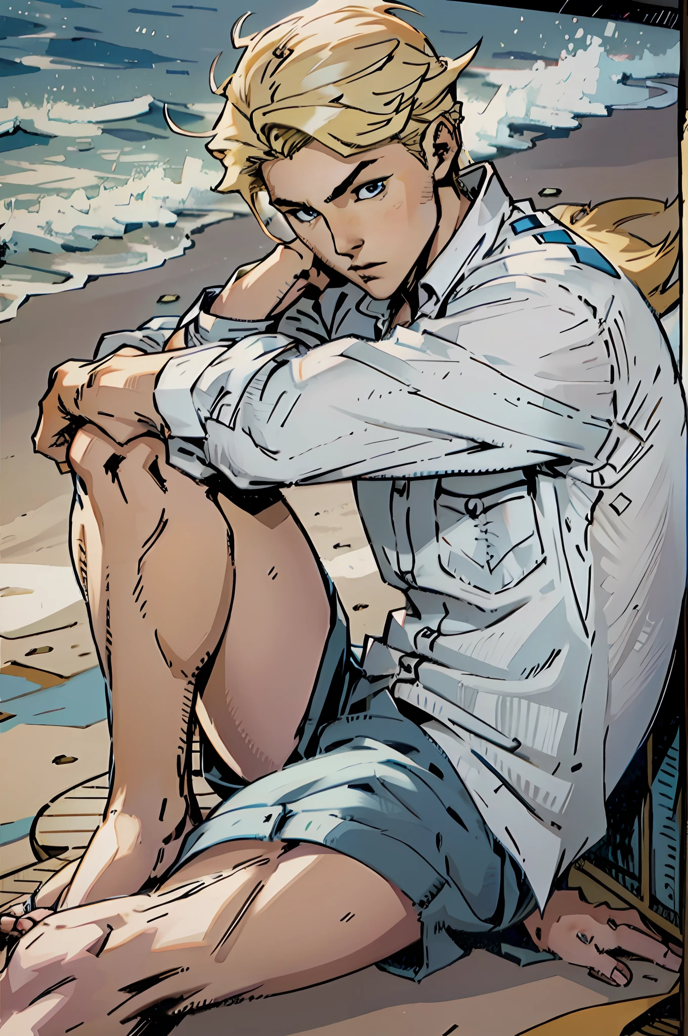 Anime-style -yeld ble boy with blonde hair, with blue and white shirt, sitting on the floor and on the edge of the beach --auto --s2