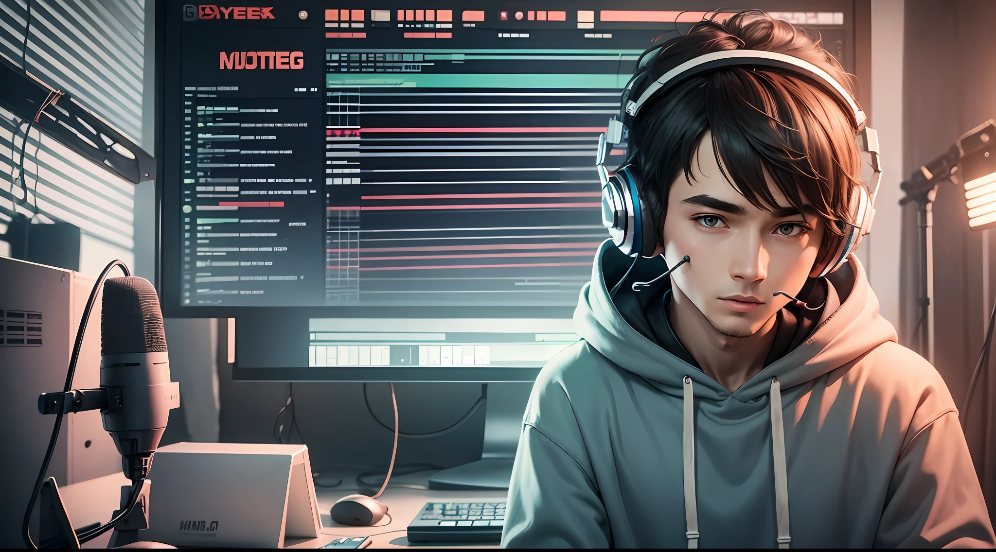 A YouTube channel banner, man, inside a studio with a hoodie in front of a microphone and a headset on his head --auto --s2