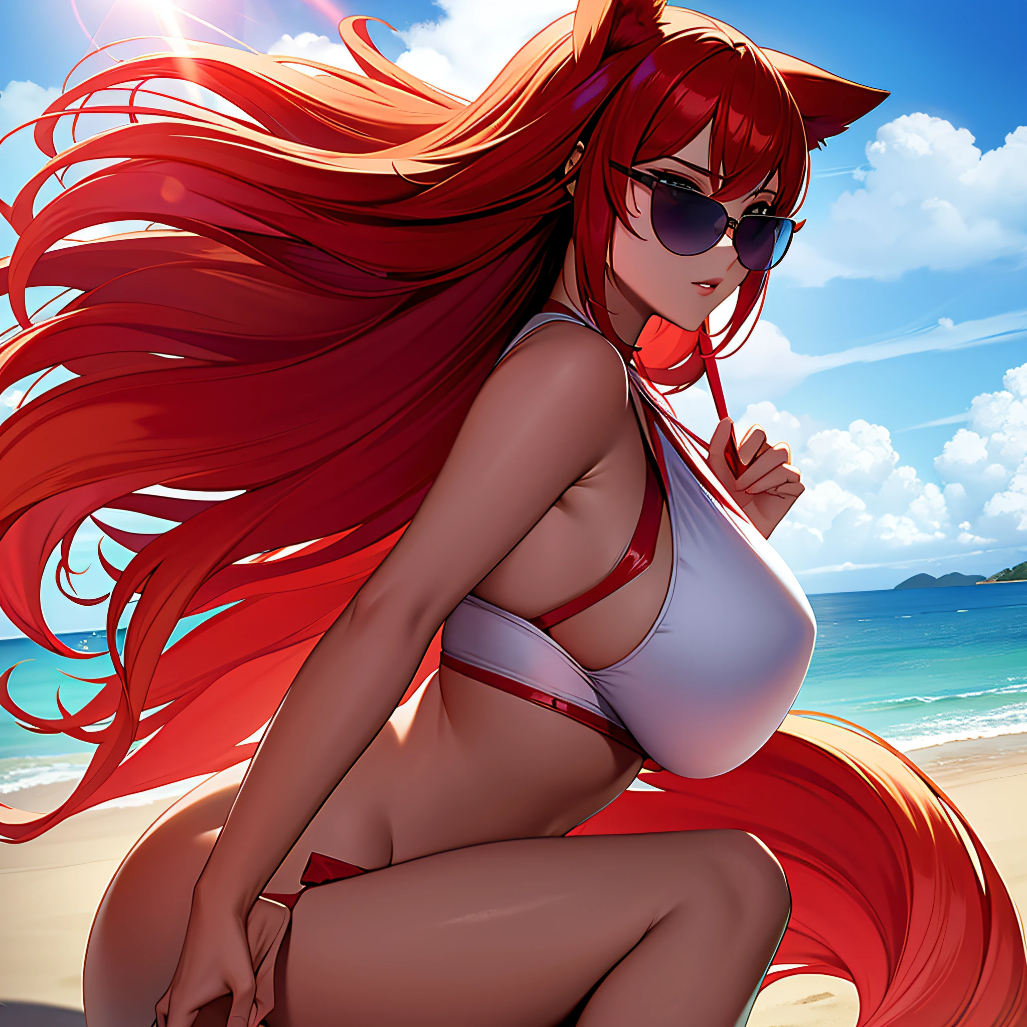 Hentai anime woman on a beach during a strong sun, wearing sunglasses, red hair, detailed