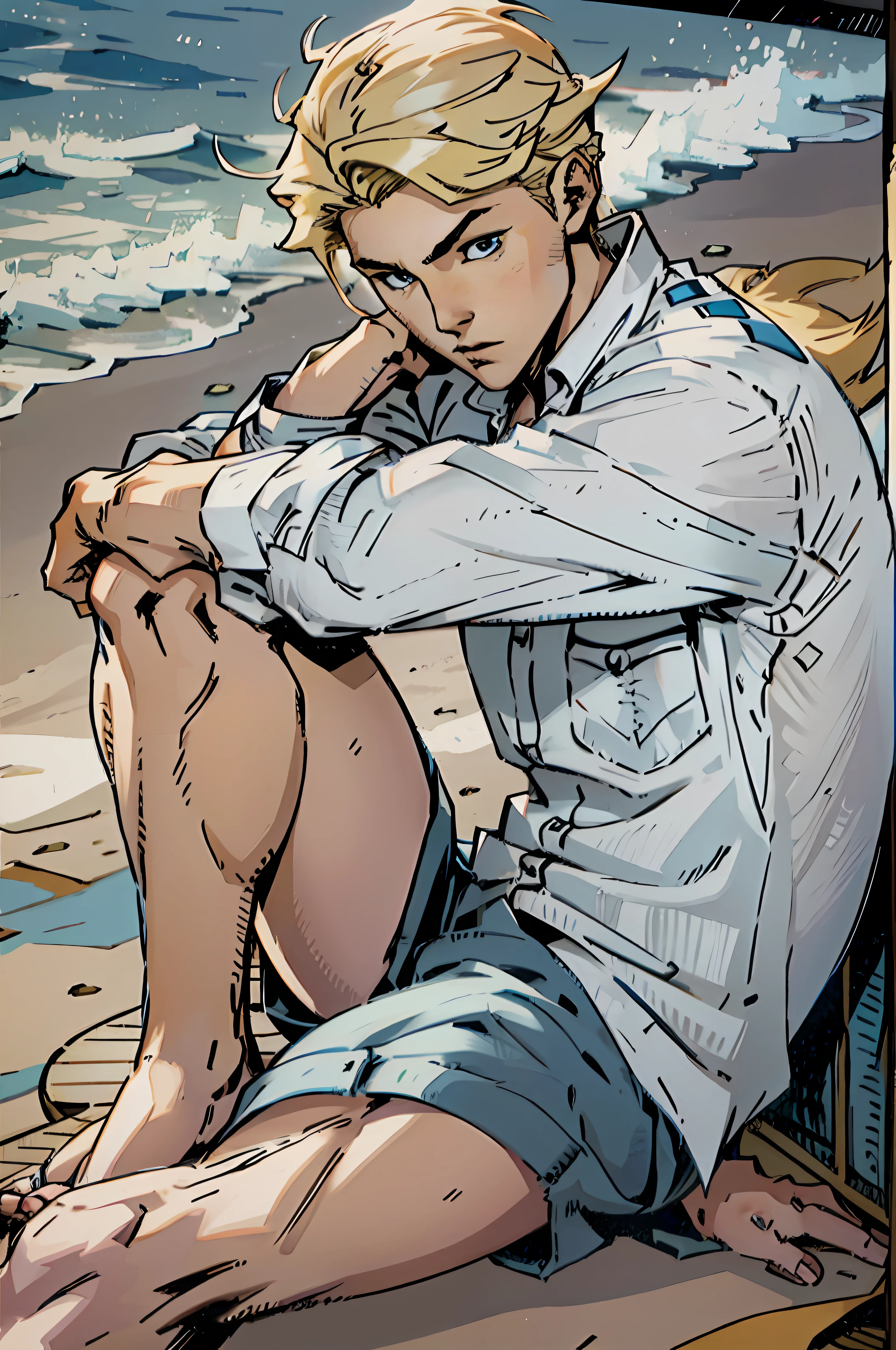 Anime-style 16-year-old blonde boy with blonde hair, with blue and white shirt, sitting on the floor and on the edge of the beach --auto --s2
