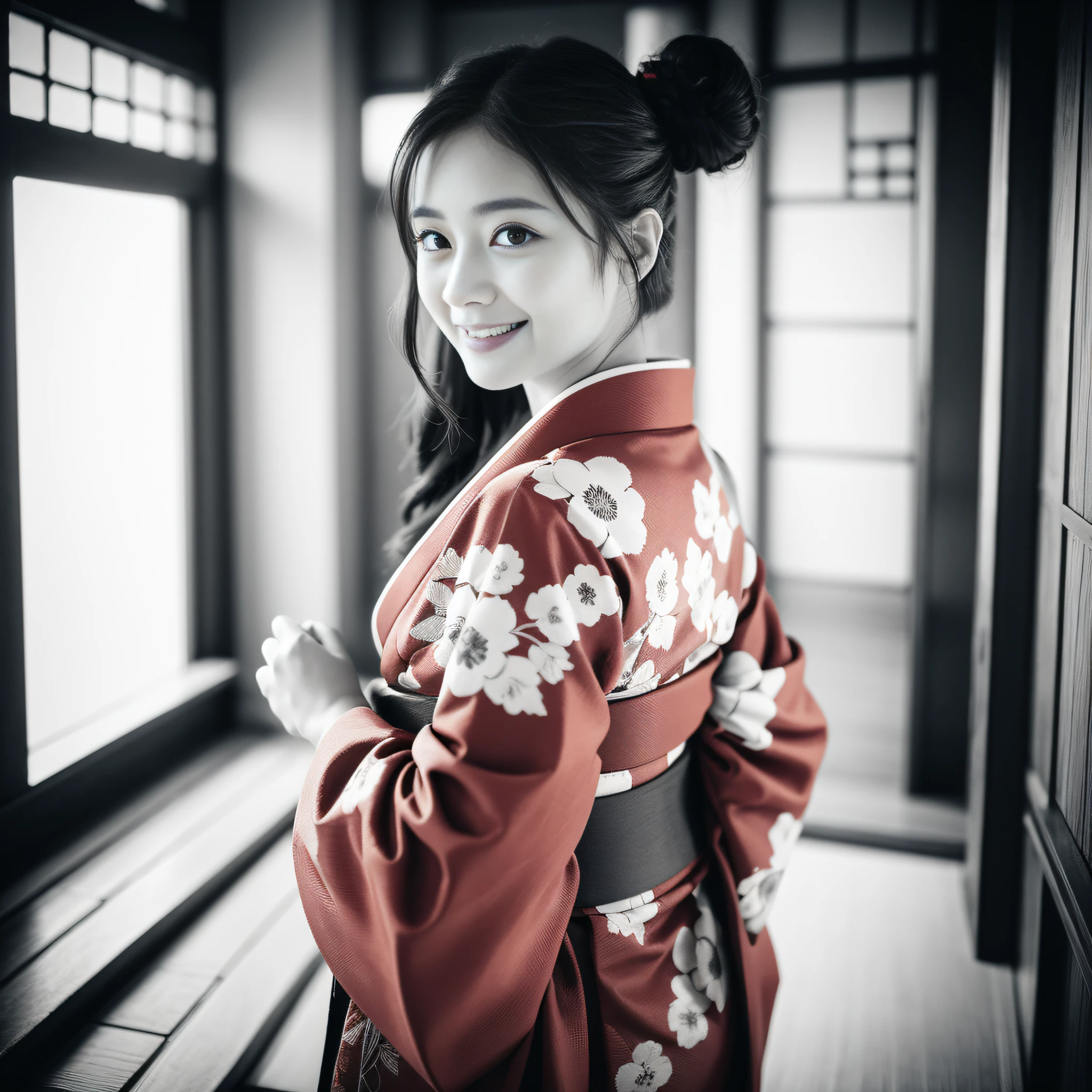(Choice color monochrome: 1.5), absurdity, top quality, ultra-detailed, detailed background, (selection color red: 1.5), (Magnificent view: 1.3), Chinese ink black and white painting, Indian ink painting, old Japan style painting,
break
A woman in a kimono (beautiful Japan woman: 1.5) turns around and looks at us.
break
Her kimono is a very detailed white with black floral pattern, giving a gorgeous and pure impression. Her hair is black and long, tied at the back. Her face is white and small, with large, clear eyes. Her lips are red and plump. She smiles at us, but something is hidden in her heart. BREAK Vintage: This effect adds a retro or nostalgic feel to your images with faded colors and grainy textures. It can evoke a sense of history or mystery of the scene. (Select color red: 1.5), (magnificent scenery: 1.3),