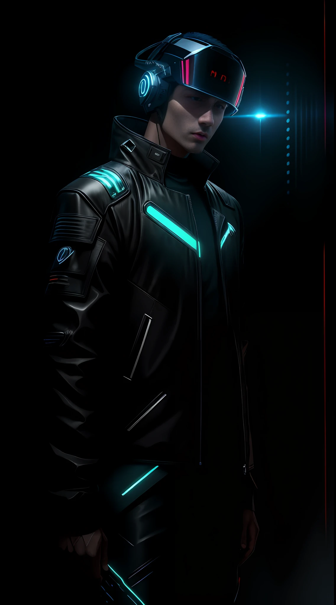 1man, lord with cybernetic pieces, shiny visor, light black short hair, techwear, big black jacket, outdoor skyscraper, neon rim light, night, rain, volumetric lighting, best quality, masterpiece, realistic