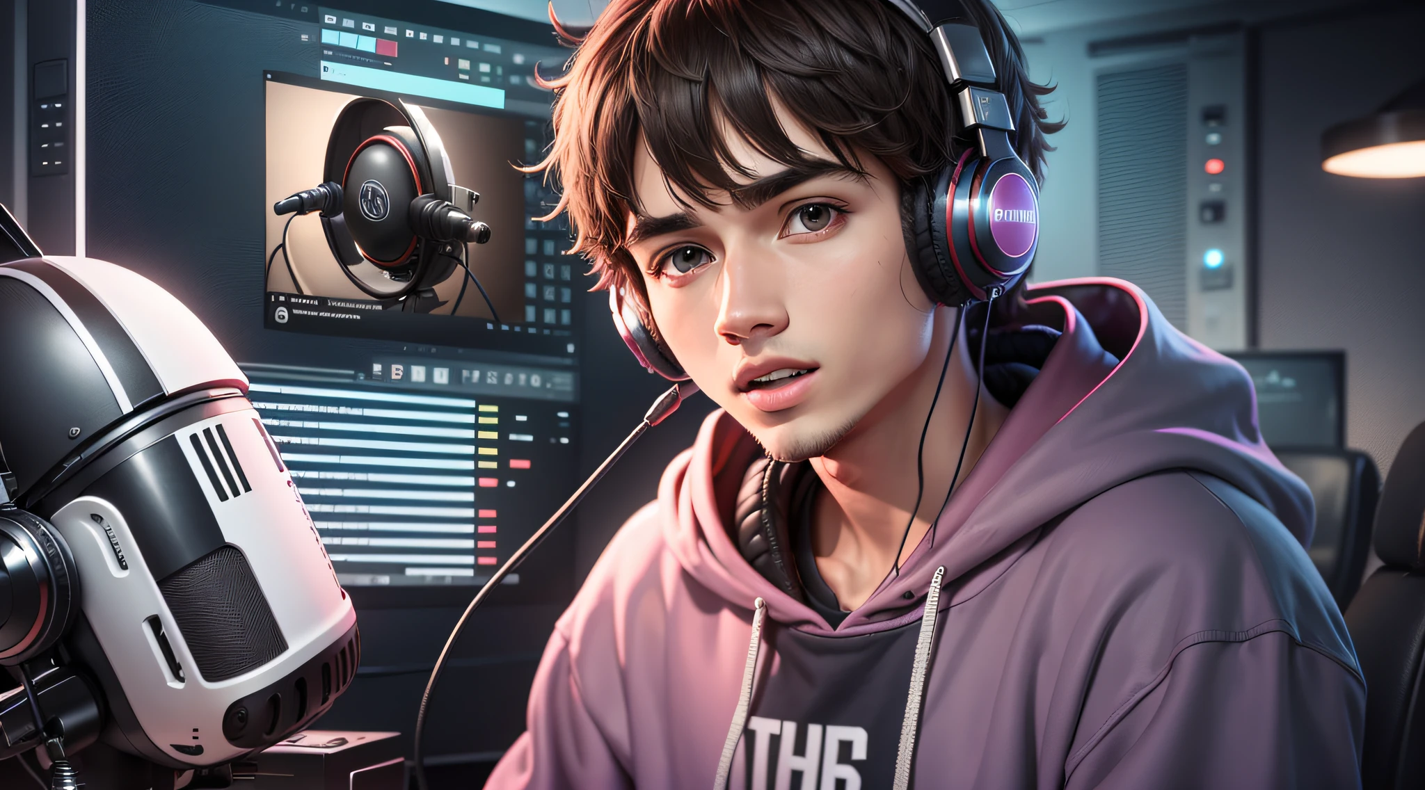 A YouTube channel banner, man, inside a studio with a hoodie in front of a microphone and a headset on his head --auto --s2