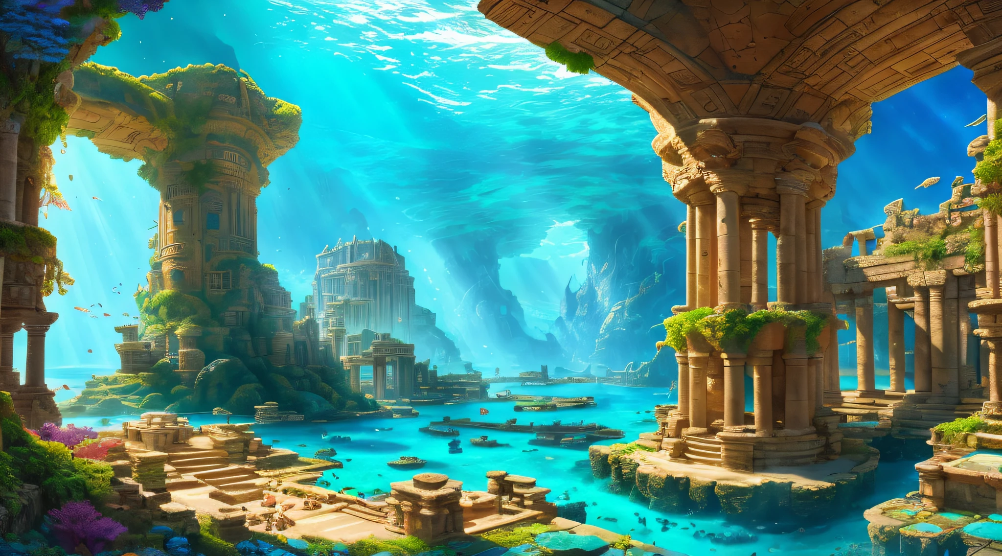 arafed view of a fantasy city with a river and a waterfall, lost city of atlantis, atlantis background, the lost city of atlantis, an underwater city, underwater city, submerged temple scene, city of atlantis, underwater temple, the city of atlantis, atlantis city, undersea temple, amazing wallpaper, beautiful art uhd 4 k, concept art wallpaper 4k