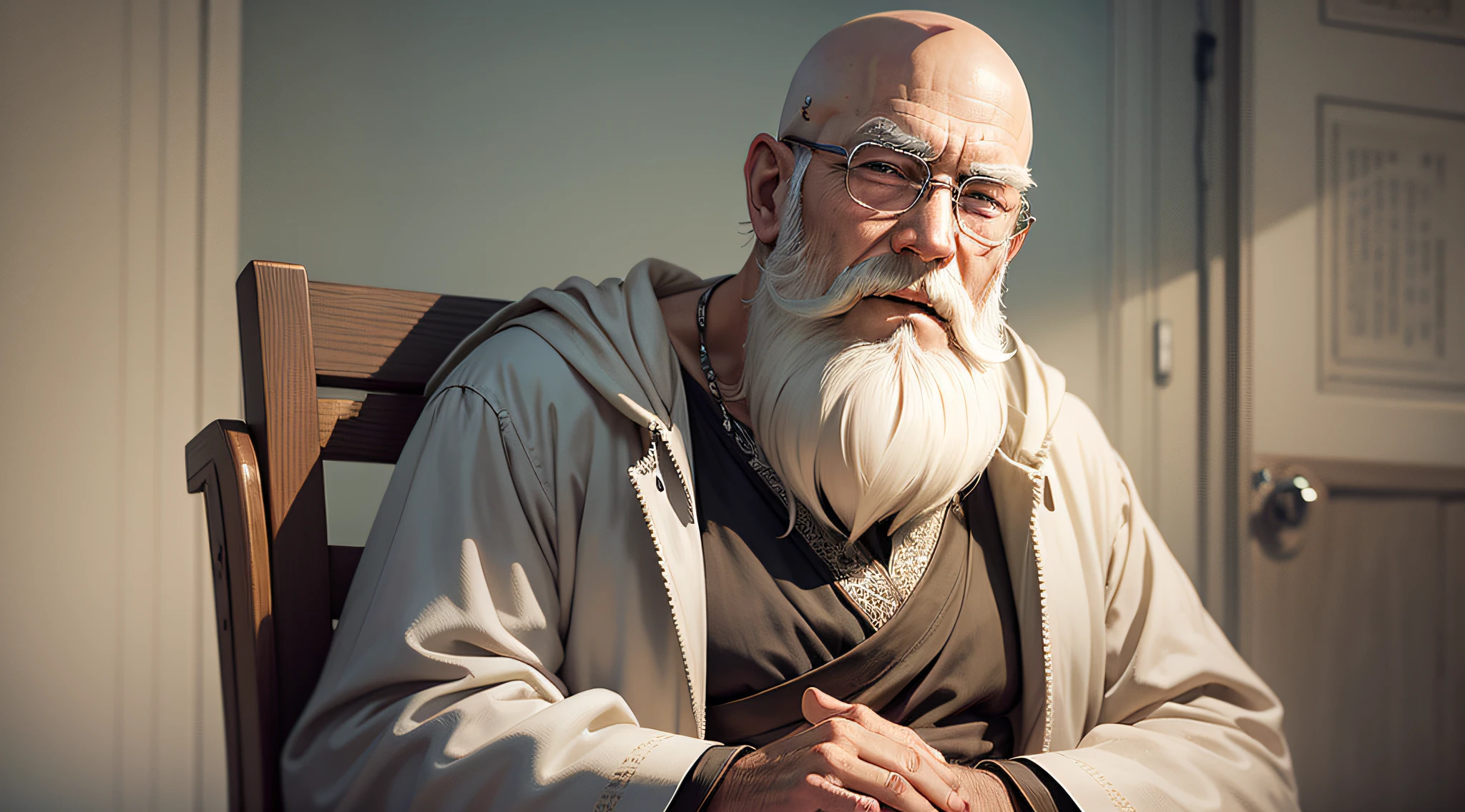 monk, old, with white beard, bald, sitting in a chair --auto --s2