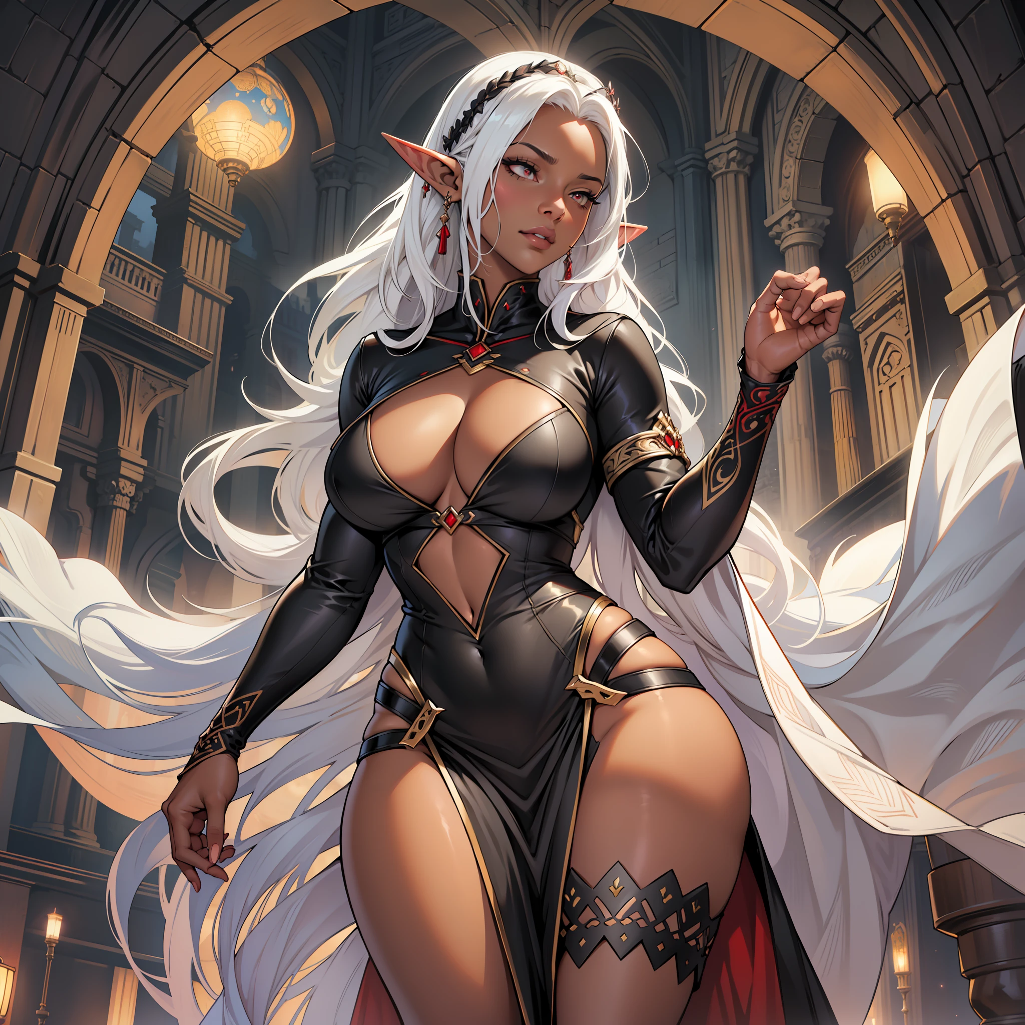 ((realistic: 1.5)),((best quality)), ((masterpiece)),((detailed)), woman with white hair, red pupils, dark skin, focus on face, mature, sexy, long legs, curves, large breasts, open neckline, black dress, thick thighs, wide hips, flowing hair, long eyelashes, elf ears, black colored skin, castle night town