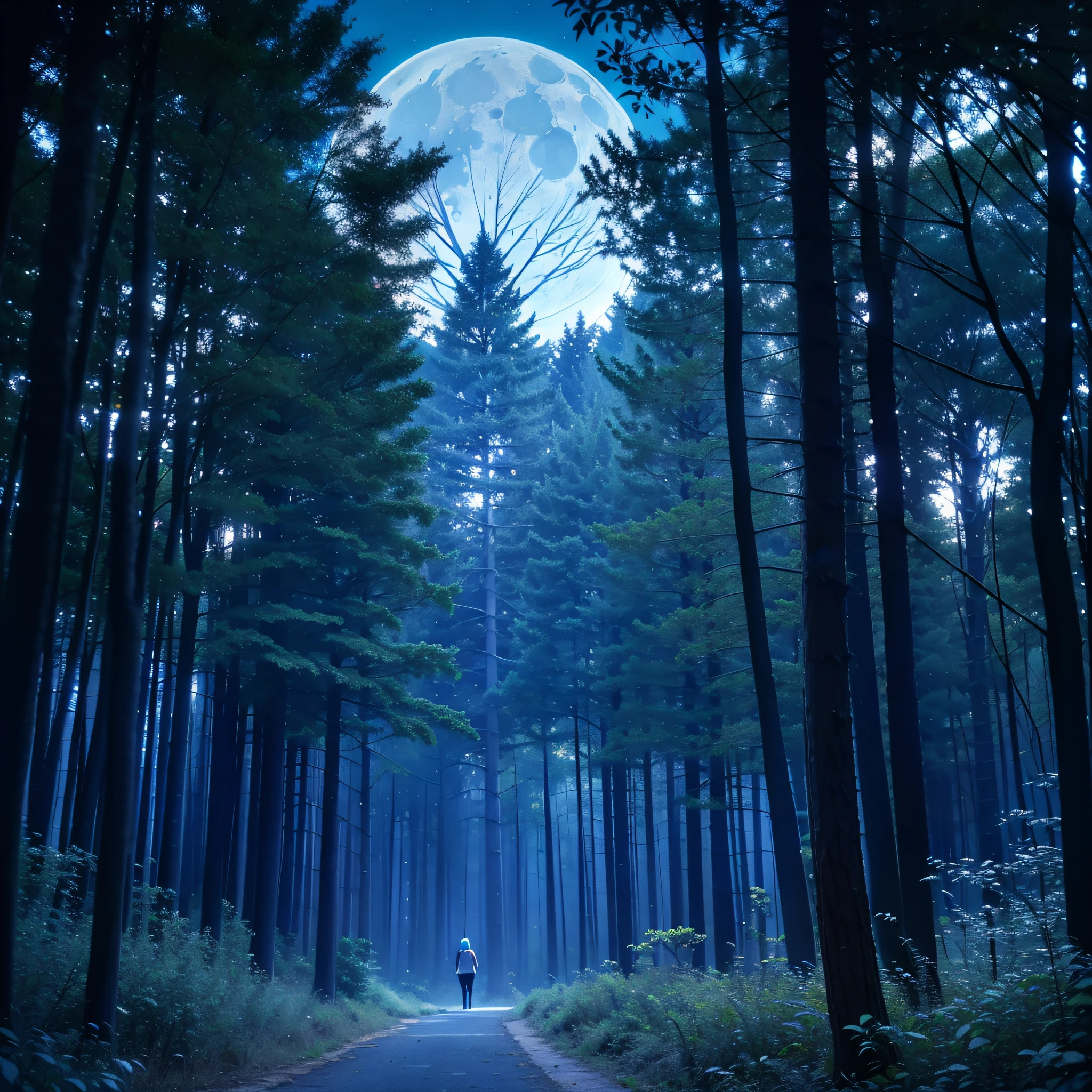 a Blue Forest with a large full moon in the sky, dynamic lighting, chiaroscuro, hyperrealism, luminism, HD, very detailed, 4k, 8k, shot on a Nikon Z7 II and Nikon NIKKOR Z 105mm f/2.8 VR S, best quality