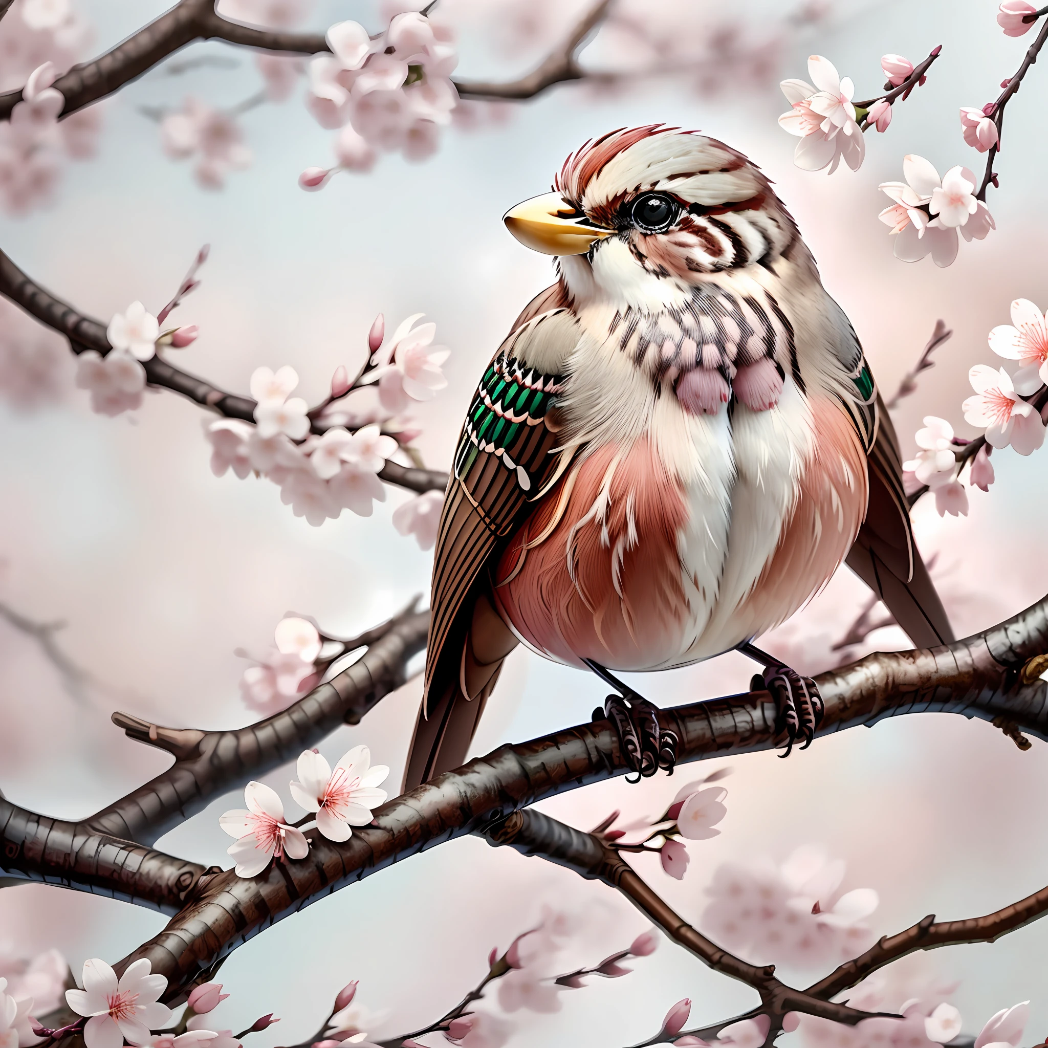 "Sparrow bird with open wings perched on a cherry blossom branch, wings spread, masterpiece of superior quality, officially beautiful art and aesthetics, realistic and detailed 8k, yang08k."