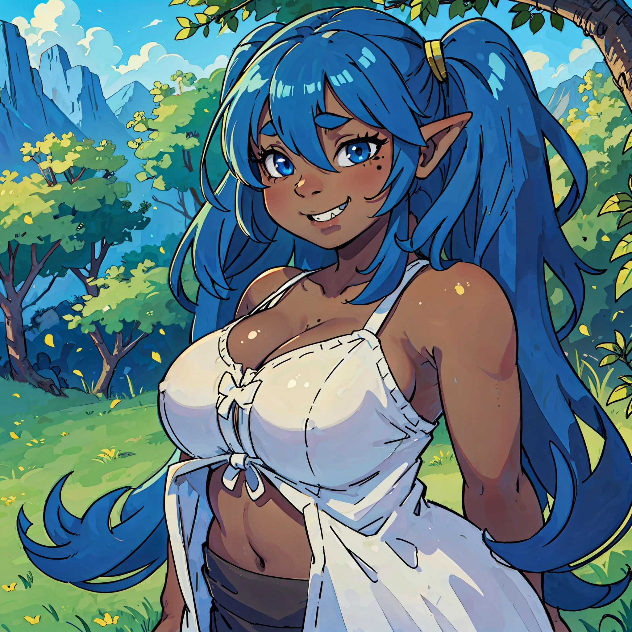 goblin girl, blue hair, very long hair, dark_ skin, dark skin goblin, very dark skin girl natural huge breasts, hair between eyes, twintails, chubby, chubby girl, chubby girl goblin, wide hips, blue eyes, mole, mole on chest, age up, lips, big lips, thick eyebrows, body with fur, tusk, short girl, short goblin girl twintails, short girl, highly detailed, high quality, best quality, 8k, full body, fat, fat girl, smile, Wedding dress, dress, white dress,