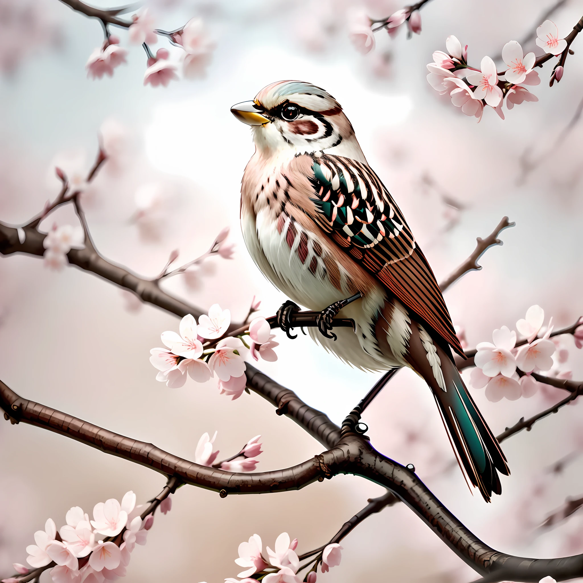 "Sparrow bird with open wings perched on a cherry blossom branch, wings spread, wings spread upwards, masterpiece of superior quality, officially beautiful art and aesthetics, realistic and detailed 8k, yang08k."