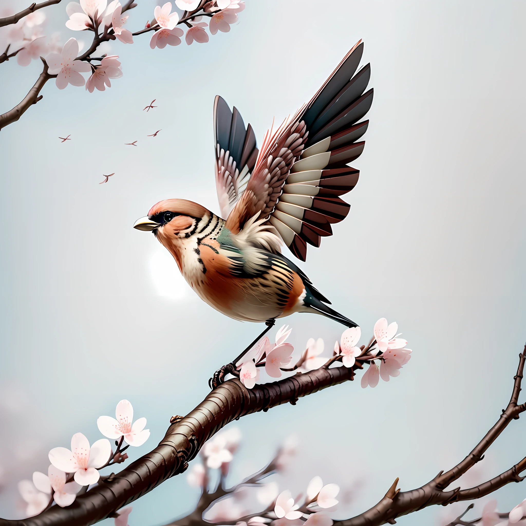 "1 Sparrow bird with open wings flying, cherry blossom, wings open, wings spread upwards, masterpiece of superior quality, officially beautiful art and aesthetics, realistic and detailed 8k, yang08k."