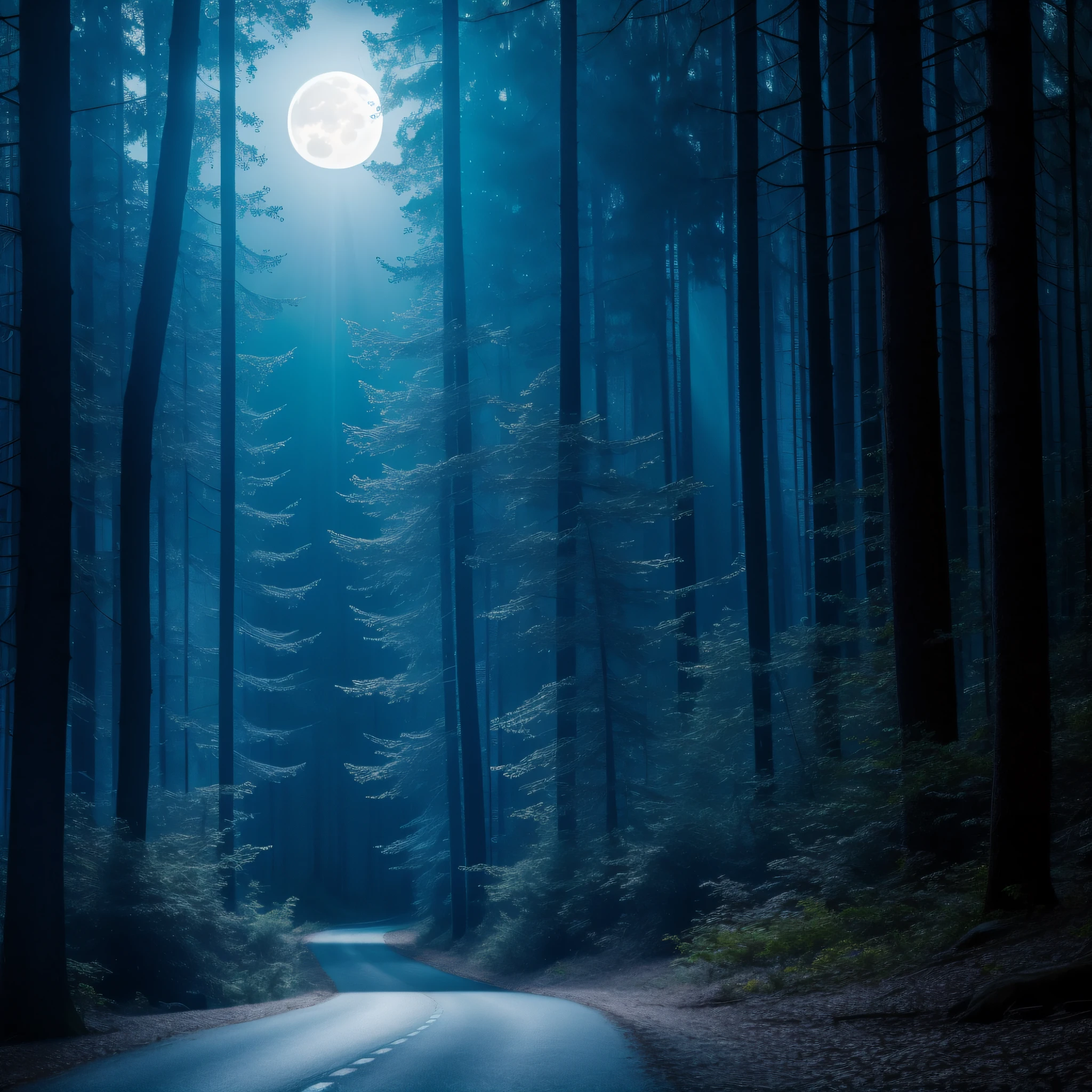 a Blue Forest with a large full moon in the sky, dynamic lighting, chiaroscuro, hyperrealism, luminism, HD, very detailed, 4k, 8k, shot on a Nikon Z7 II and Nikon NIKKOR Z 105mm f/2.8 VR S, best quality