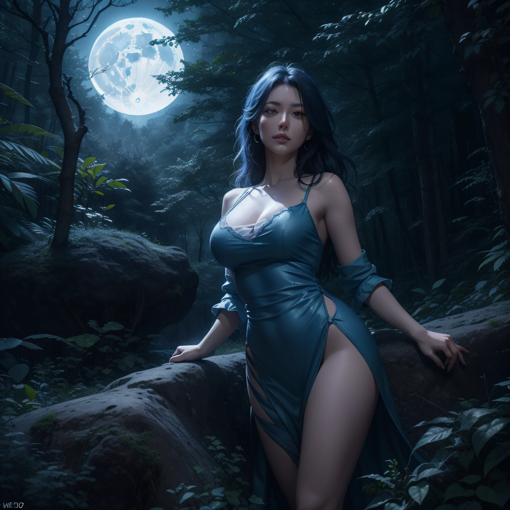 a Blue Forest with a large full moon in the sky, dynamic lighting, chiaroscuro, hyperrealism, luminism, HD, very detailed, 4k, 8k, shot on a Nikon Z7 II and Nikon NIKKOR Z 105mm f/2.8 VR S, best quality