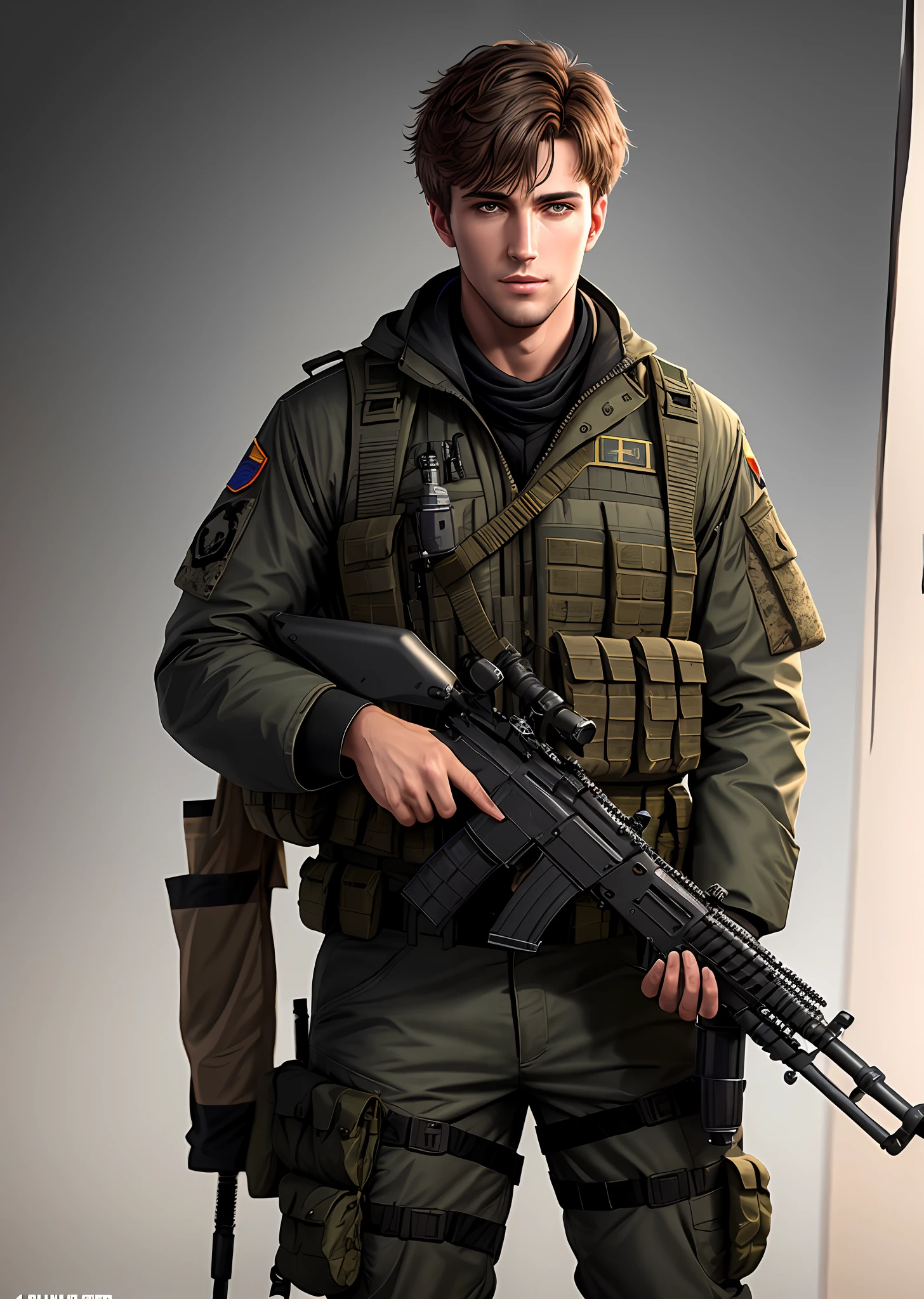 A handsome guy with short hair, messy hair, identity as a sniper, full-body shooting equipment, equipped with a sniper rifle, dressed as a special soldier, casual and uninhibited, with a sense of shooting atmosphere, game CG, original painting, 8k, (realism: 1.3)