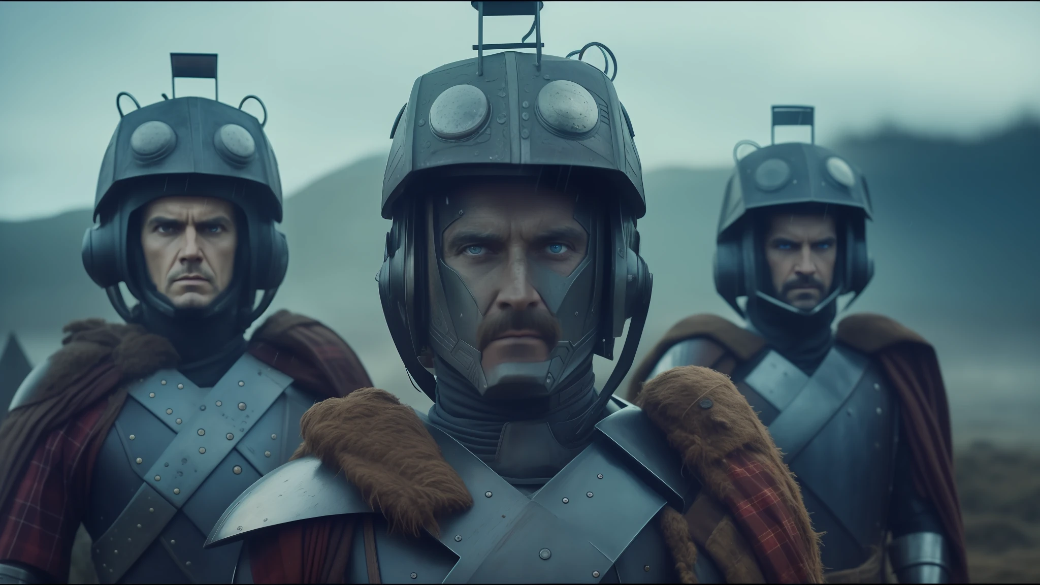 There are three men dressed in armor and helmets standing in the rain, Stefan Gesell, a character based on a haggis, still from the movie Dune-2021, Plaid Costume, Netflix series Death + Robots, Corrected Faces, Miners, closeup of character art, Breastplate