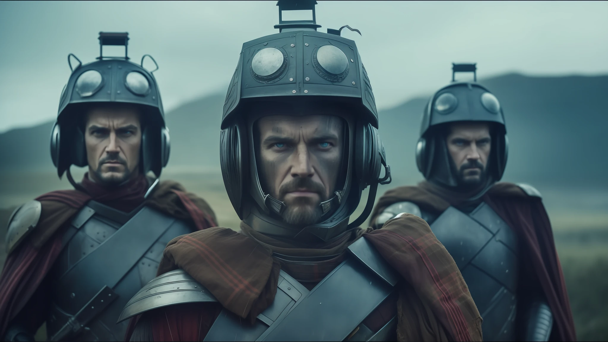 There are three men dressed in armor and helmets standing in the rain, Stefan Gesell, a character based on a haggis, still from the movie Dune-2021, Plaid Costume, Netflix series Death + Robots, Corrected Faces, Miners, closeup of character art, Breastplate