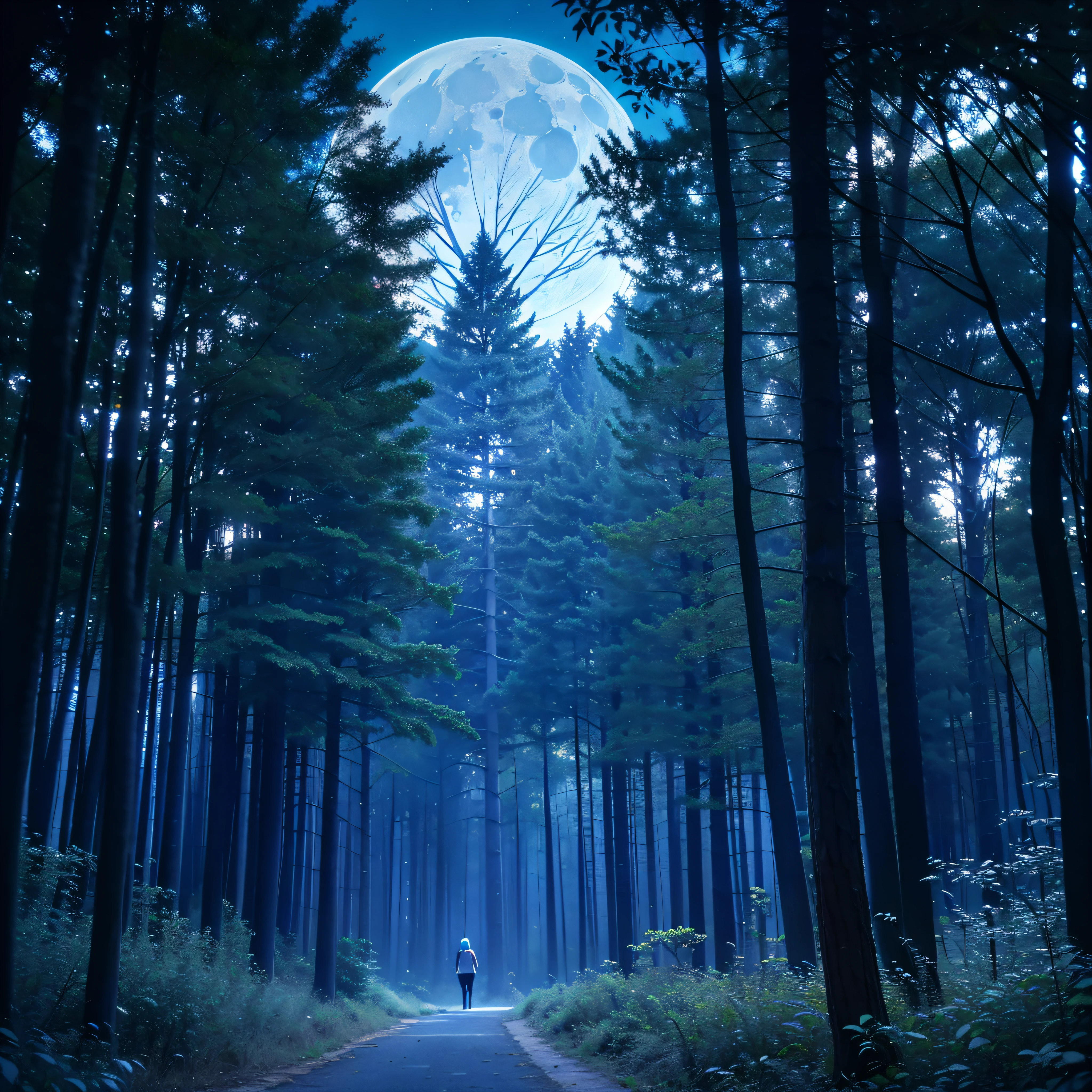 a Blue Forest with a large full moon in the sky, dynamic lighting, chiaroscuro, hyperrealism, luminism, HD, very detailed, 4k, 8k, shot on a Nikon Z7 II and Nikon NIKKOR Z 105mm f/2.8 VR S, best quality