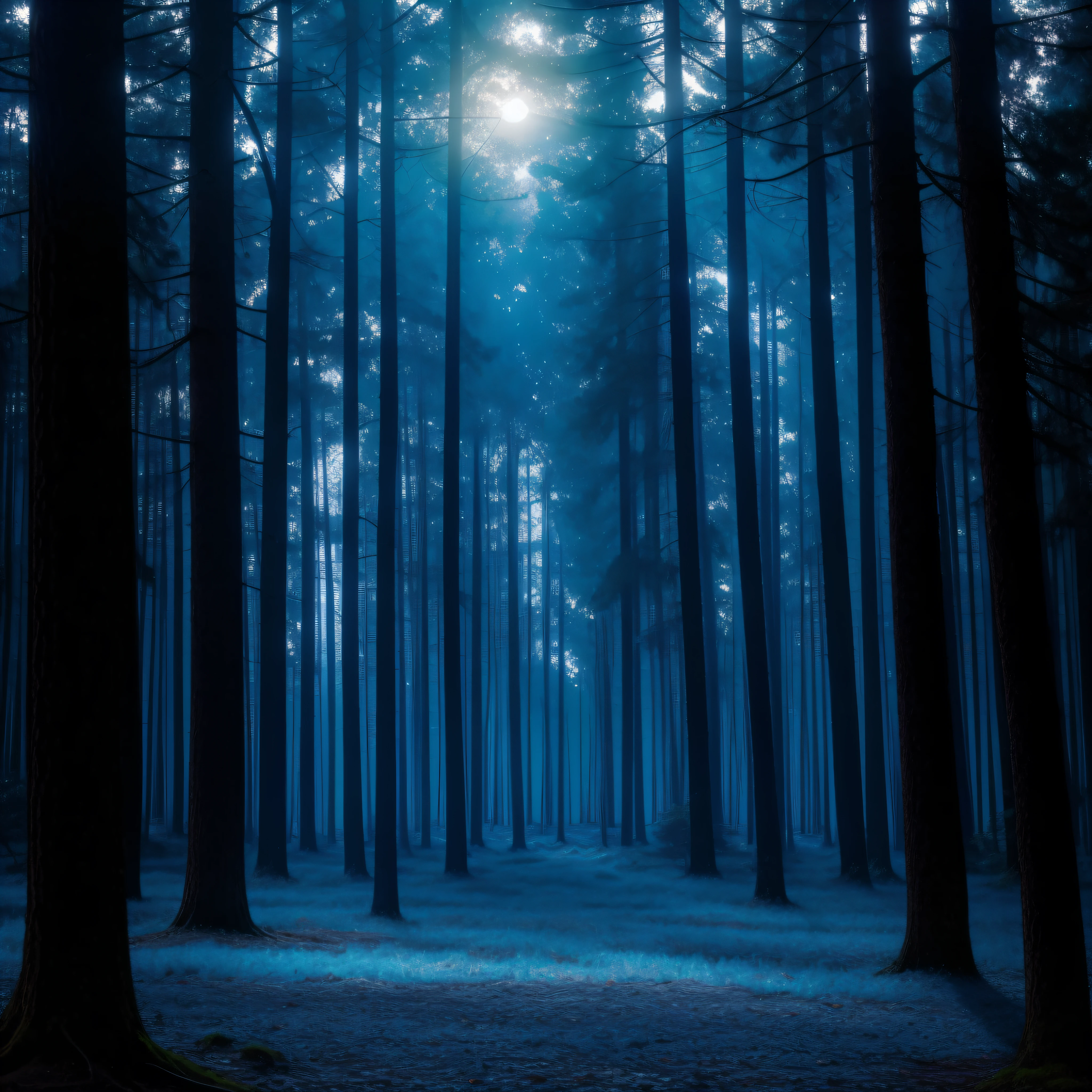 a Blue Forest with a large full moon in the sky, dynamic lighting, chiaroscuro, hyperrealism, luminism, HD, very detailed, 4k, 8k, shot on a Nikon Z7 II and Nikon NIKKOR Z 105mm f/2.8 VR S, best quality