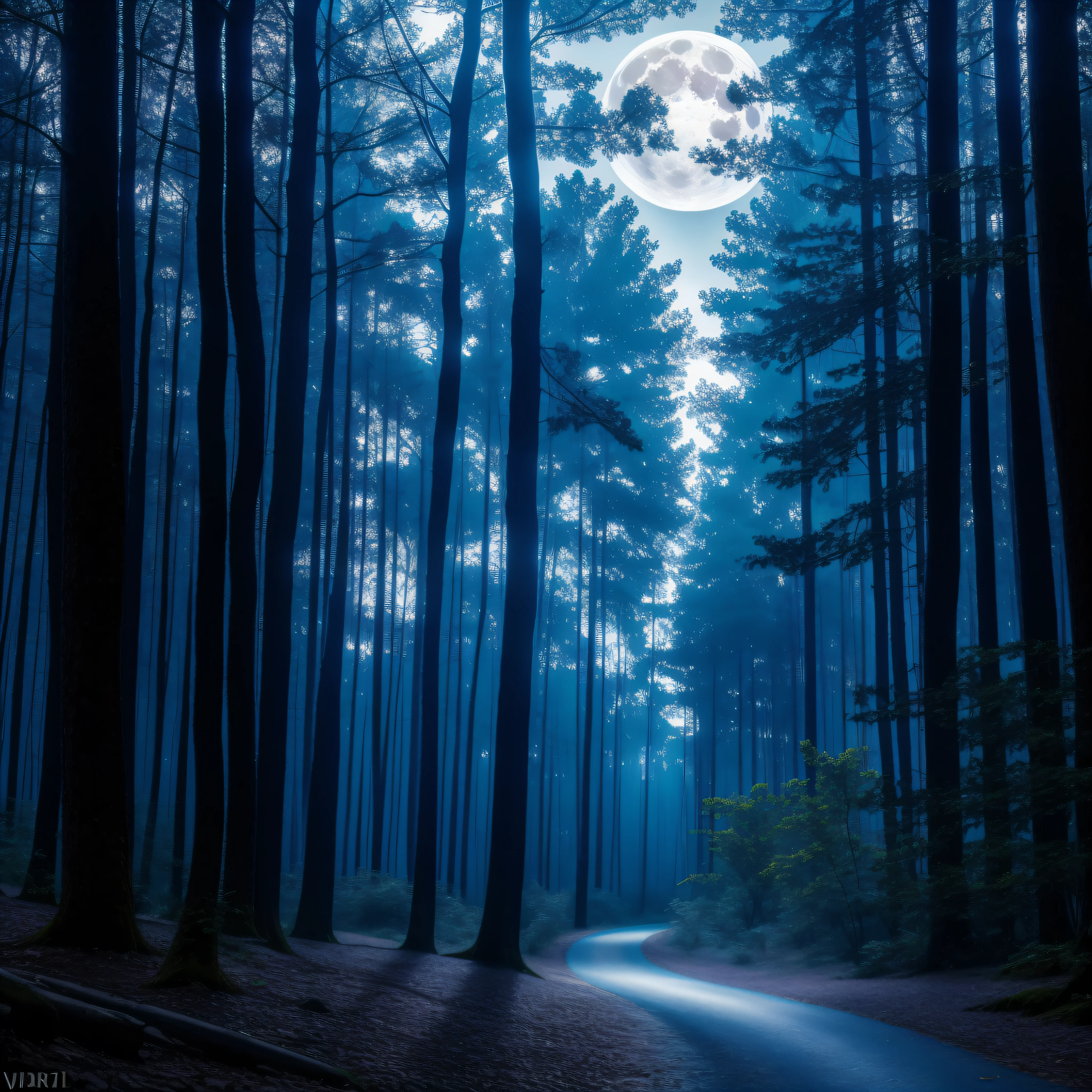 a Blue Forest with a large full moon in the sky, dynamic lighting, chiaroscuro, hyperrealism, luminism, HD, very detailed, 4k, 8k, shot on a Nikon Z7 II and Nikon NIKKOR Z 105mm f/2.8 VR S, best quality