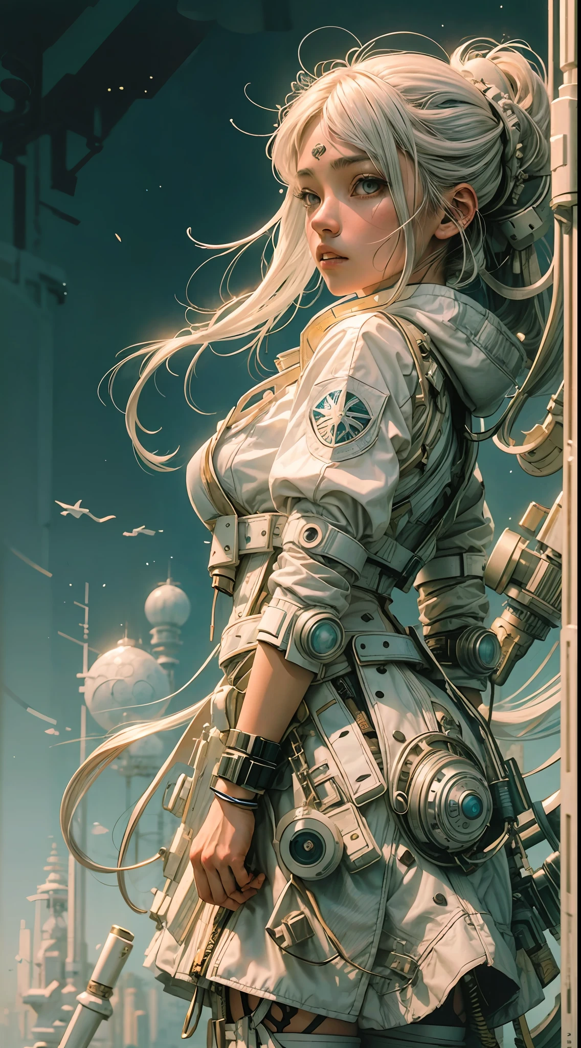 1monk warrior girl with white techwear clothes, white long hair, laces, abstract vintage scifi background, art by Moebius, art by Ashley Wood