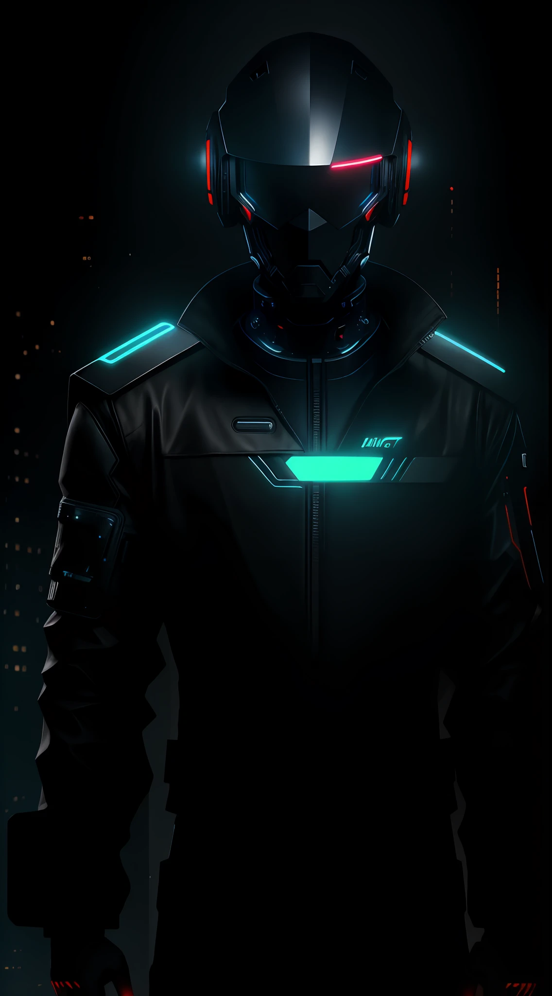 1man, lord with cybernetic pieces, shiny visor, light black short hair, techwear, big black jacket, outdoor skyscraper, neon rim light, night, rain, volumetric lighting, best quality, masterpiece, realistic