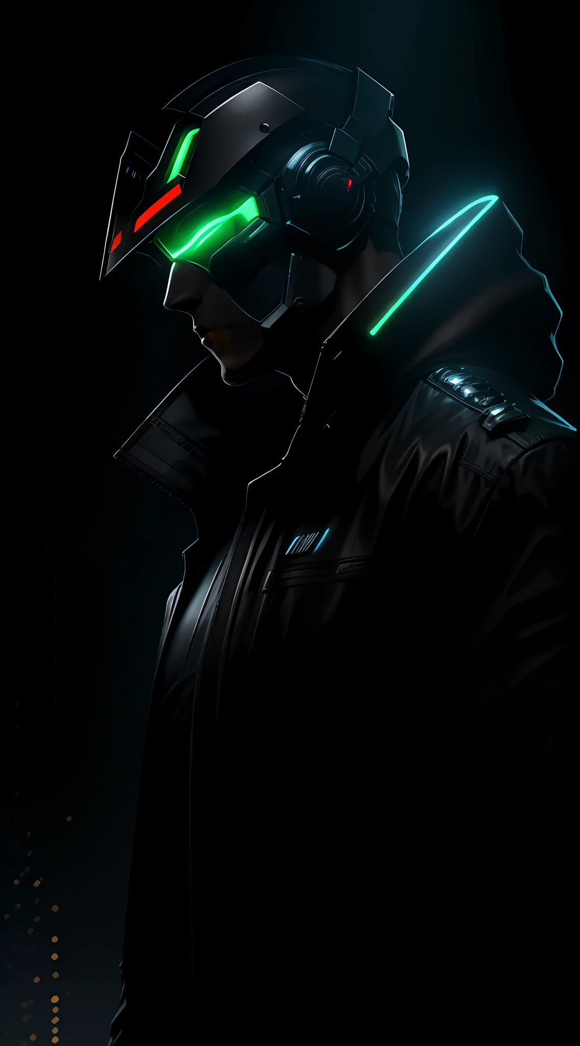 1man, lord with cybernetic pieces, shiny visor, light black short hair, techwear, big black jacket, outdoor skyscraper, neon rim light, night, rain, volumetric lighting, best quality, masterpiece, realistic