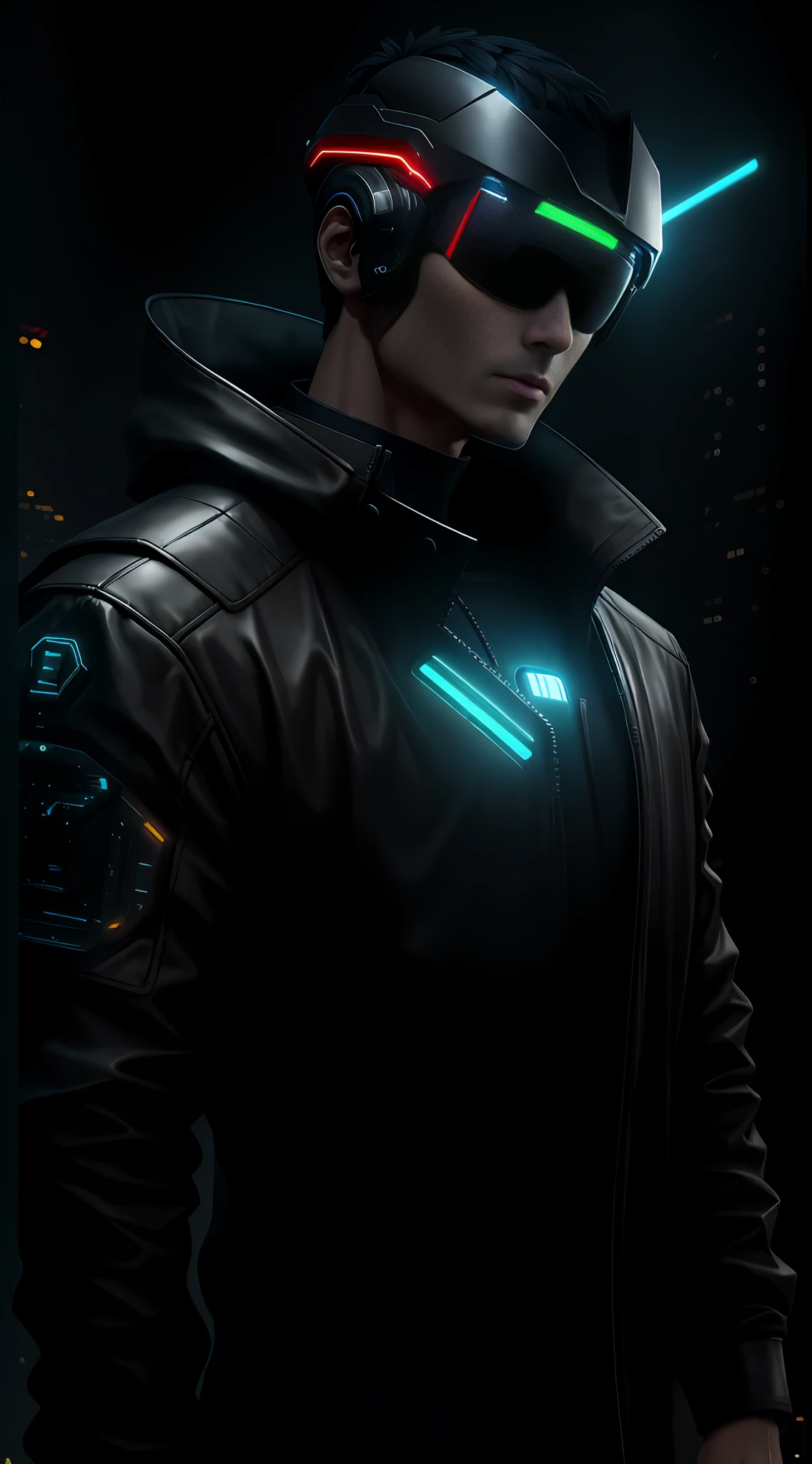 1man, lord with cybernetic pieces, shiny visor, light black short hair, techwear, big black jacket, outdoor skyscraper, neon rim light, night, rain, volumetric lighting, best quality, masterpiece, realistic