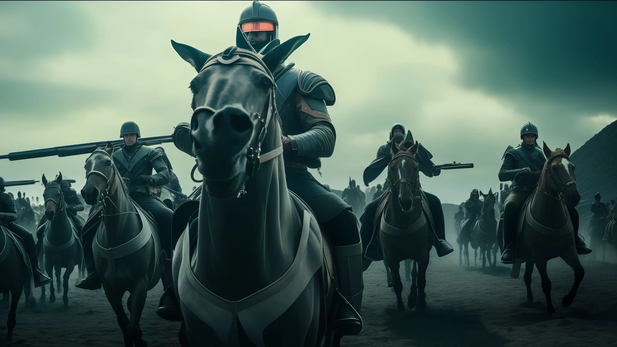 There are many people riding horses in a field with a sky in the background, 2020 dune film, Mikhail Vrubel and Wadim Kashin, undead soldiers in the background, Cybertron, shot in anamorphic lenses, 4K editorial photography, Cyberpunk aesthetic, by Fred A. Precht
