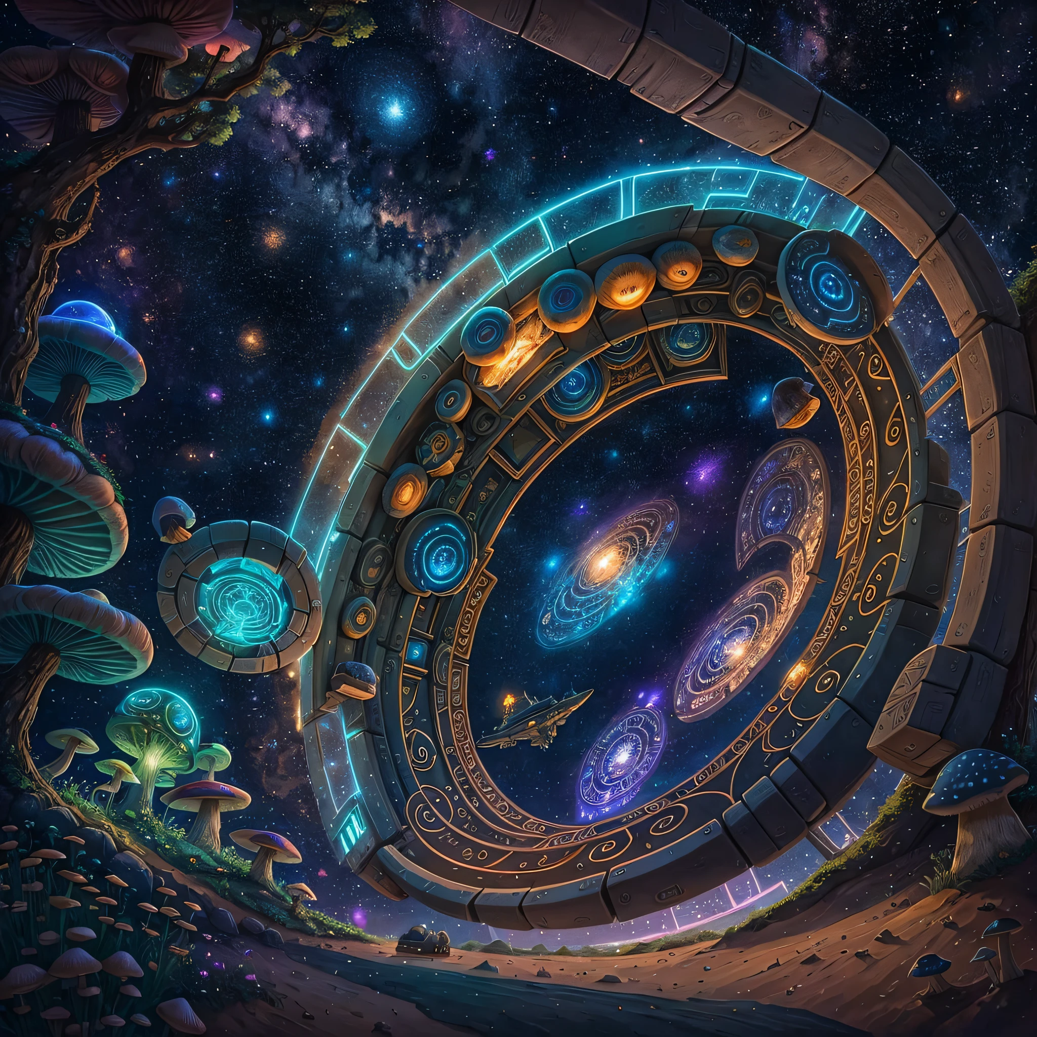 Stargate Galactic Portal ship in symbiosis with nature, with details in mushrooms --auto --s2