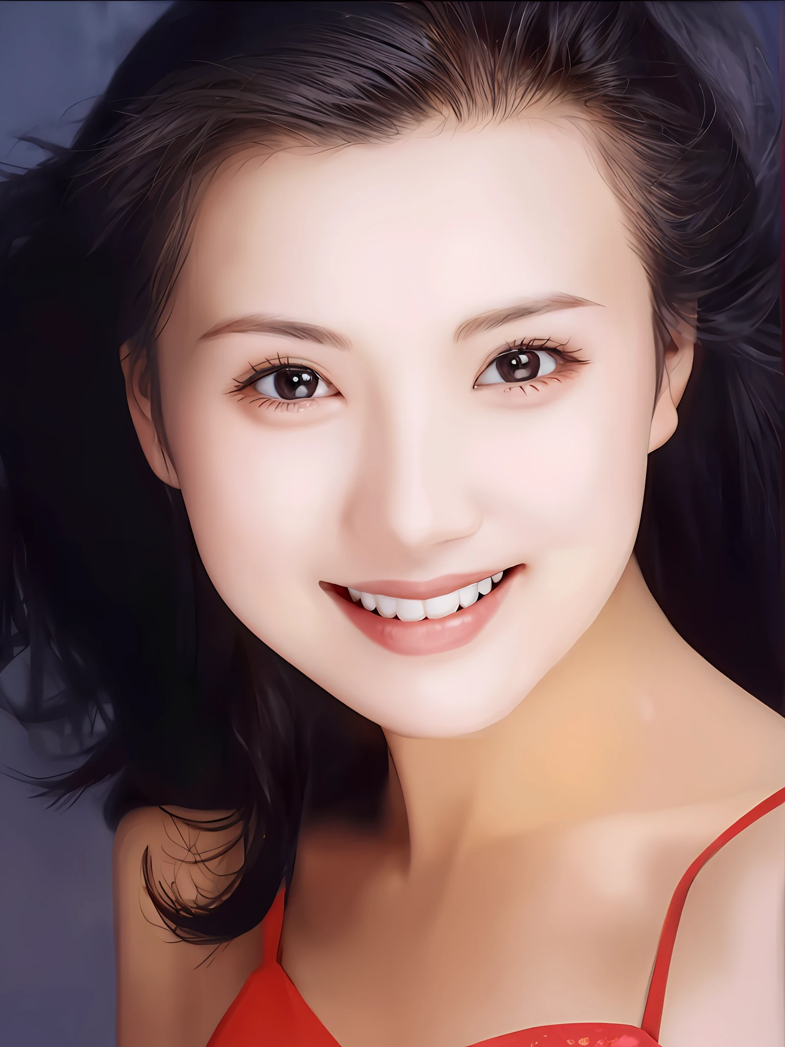 Close-up of a woman in a red dress smiling, star Chen Hao