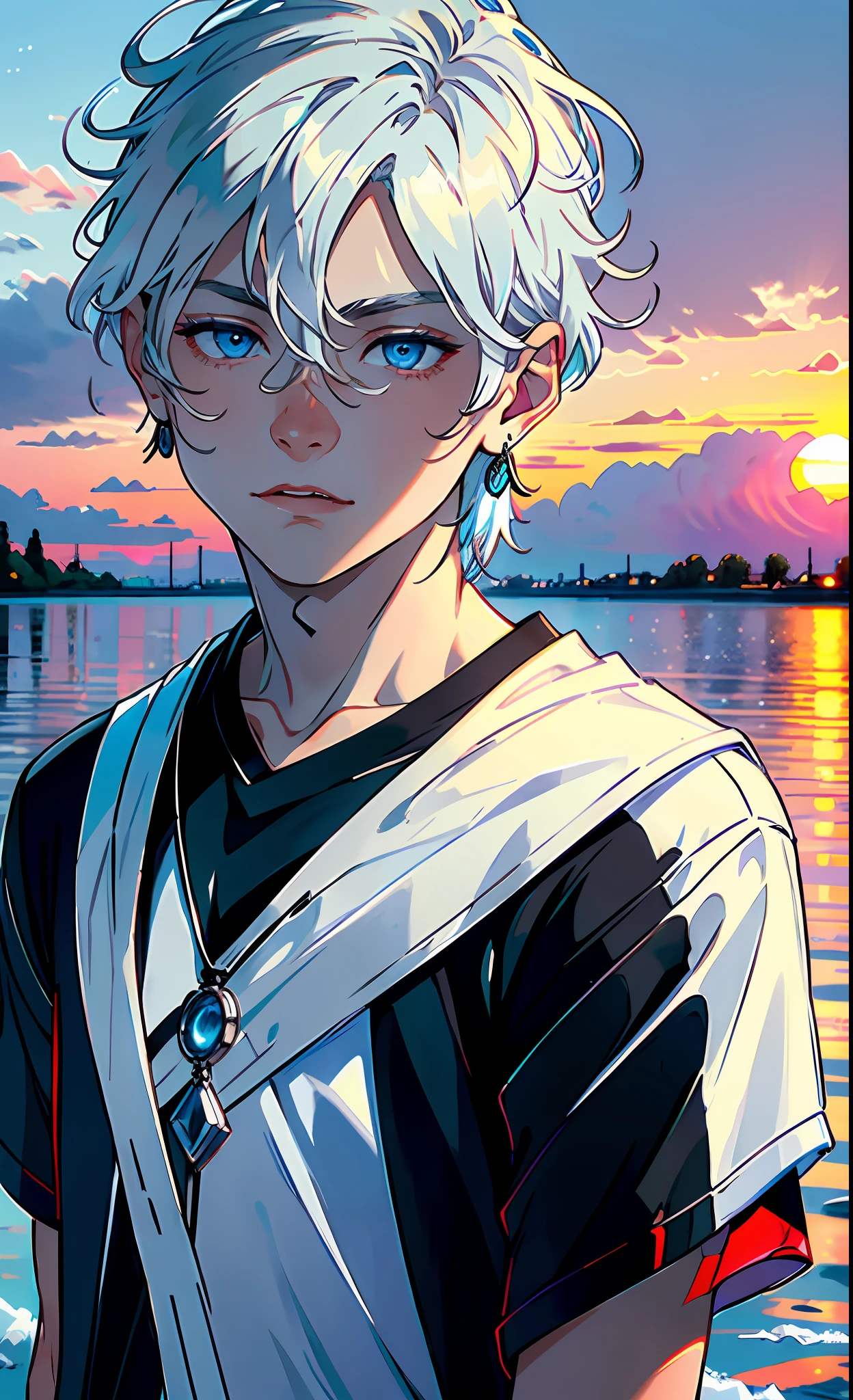 (best quality, masterpiece), portrait, 1 boy, solo, (silver hair, short), (ice blue eyes), a long earring in one ear, hat on the head, black shirt, white pants (sunset background)