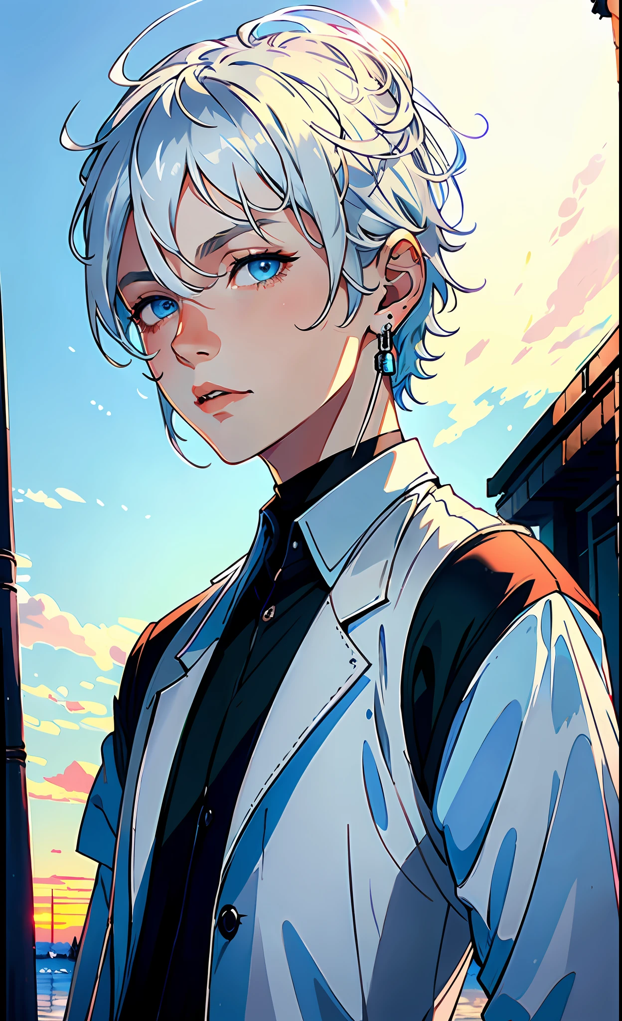 (best quality, masterpiece), portrait, 1 boy, solo, (silver hair, short), (ice blue eyes), a long earring in one ear, hat on the head, black shirt, white pants (sunset background)