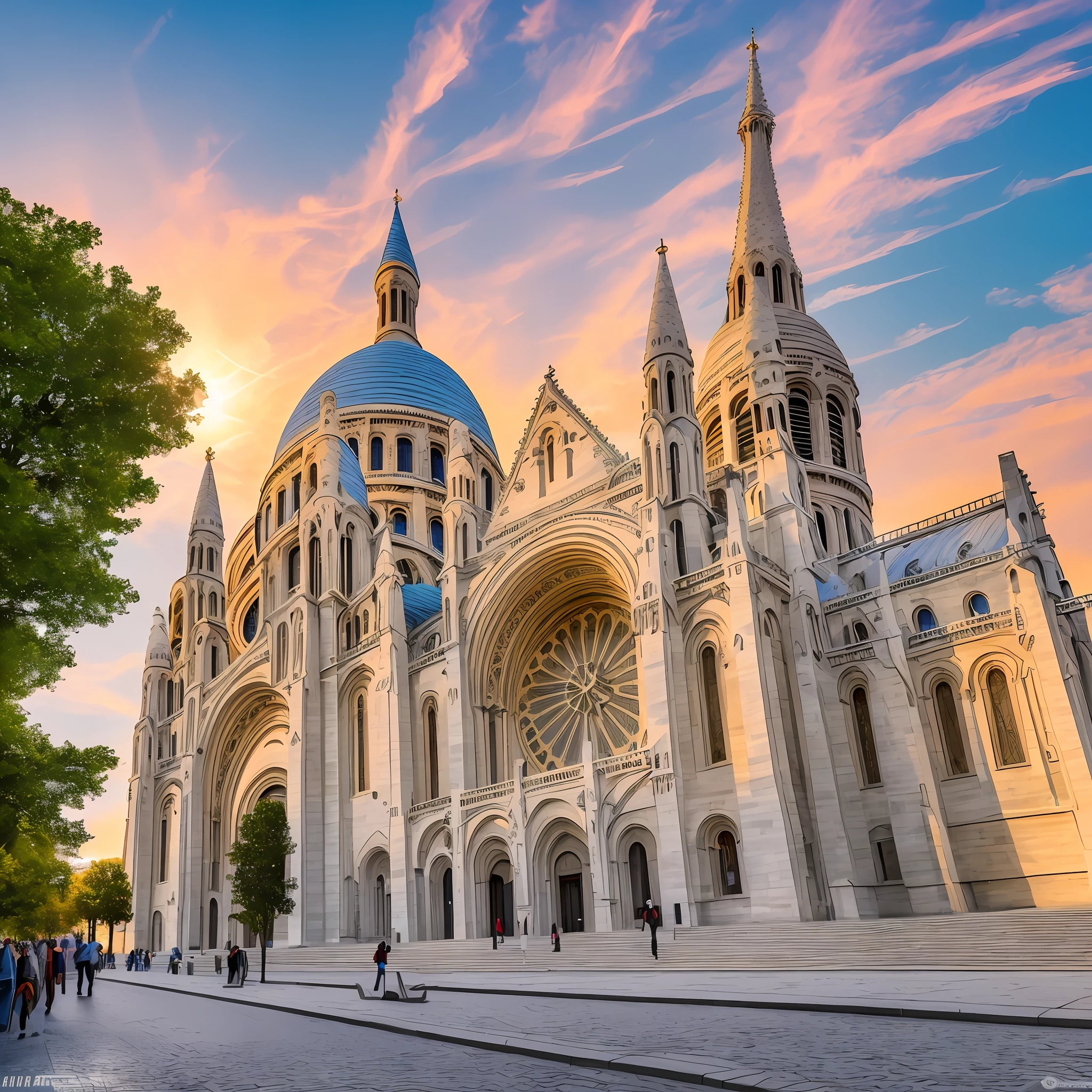 (extremely detailed CG unity 8k wallpaper, masterpiece, ultra-detailed), best illustration, an extremely delicate and beautiful, Sacré Coeur Basilica in Paris on a beautiful spring afternoon, with a lively and vibrant atmosphere, the sun shining brightly, with shades of golden light and beautiful subtle shadows, the perfect moment to capture the essence of the moment. --auto --s2