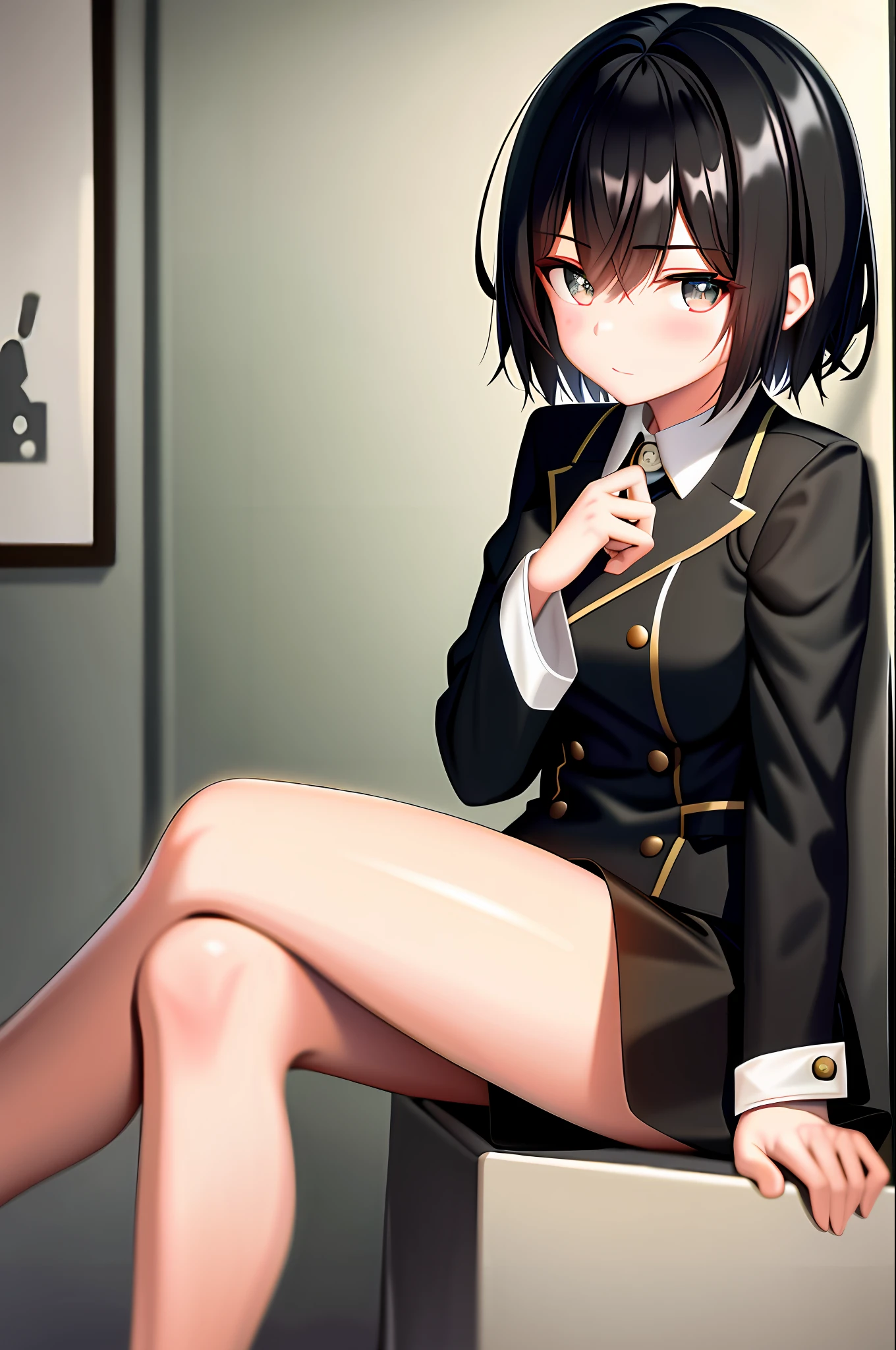 masterpiece, high resolution, best quality, 1 girl solo, beautiful eyes, black hair, short hair, uniform, sitting