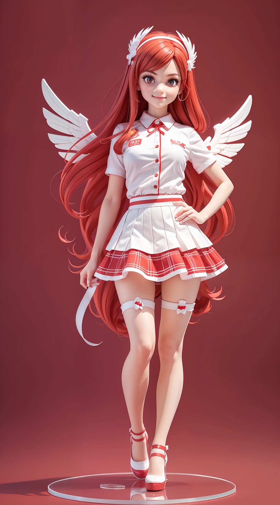 1girl, (anatomically correct), full body, (white shirt: 1.1), (plaid skirt: 1.1), school sportswear, lace skirt, (red stockings), (red high heels), broken [red: pink: 0.5] theme, (gradient background: 1.1), long hair, (phoenix wings hair ring), red eyes, smile, delicate headdress, clay texture, standing on round transparent glass, blind box toy style, sideways, panorama, (masterpiece: 1.1), (Best quality: 1.1)