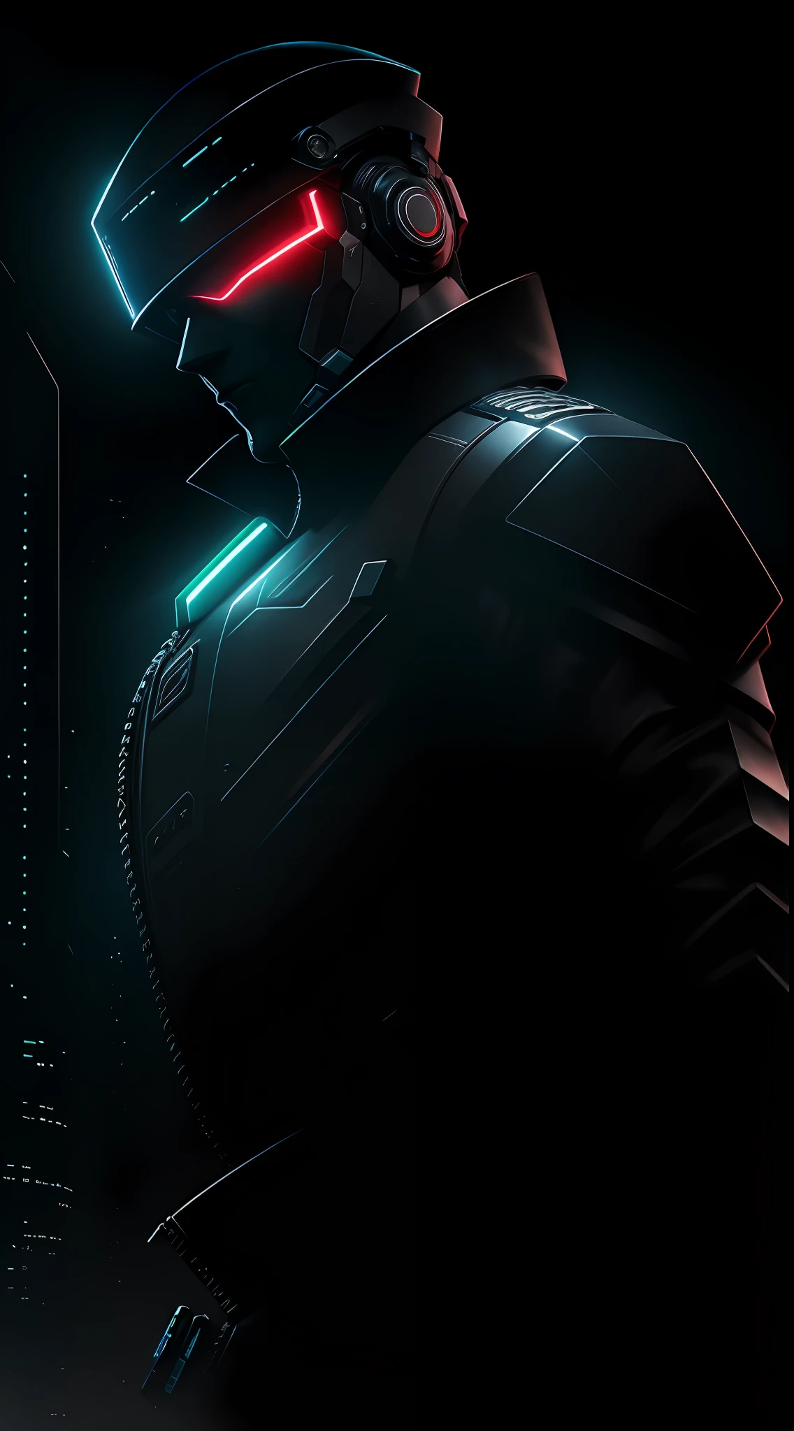 1man, lord with cybernetic pieces, shiny visor, light black short hair, techwear, big black jacket, outdoor skyscraper, neon rim light, night, rain, volumetric lighting, best quality, masterpiece, realistic
