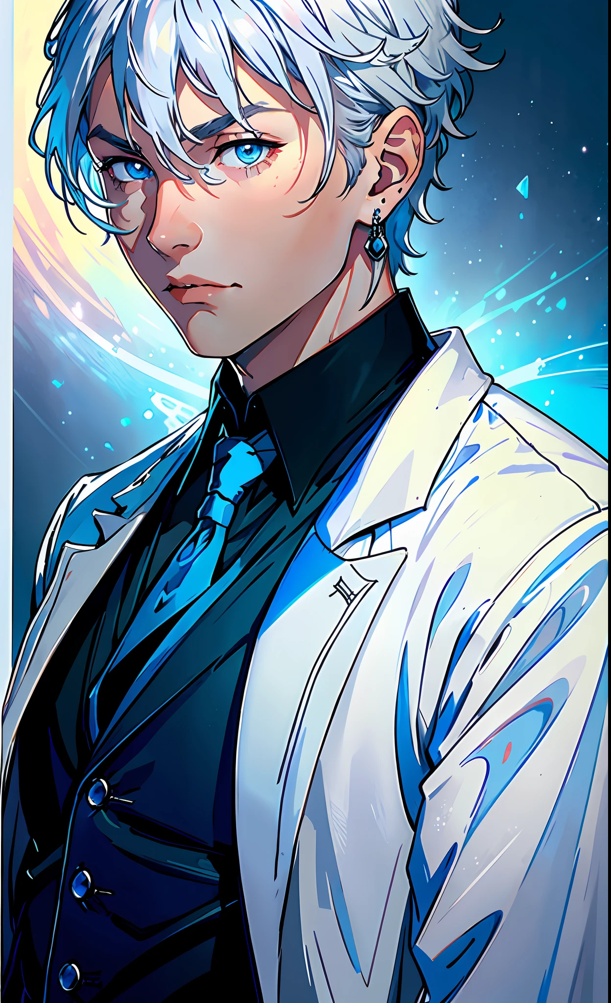 (best quality, masterpiece), portrait, 1 boy, solo, magician, (silver hair, short), (ice blue eyes, sharp look), a long earring in one ear, blue medallion, black shirt, white pants, (sunset background), blue light enveloping it