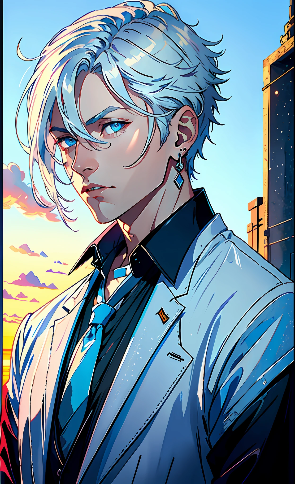 (best quality, masterpiece), portrait, 1 boy, solo, magician, (silver hair, short), (ice blue eyes, sharp look), a long earring in one ear, blue medallion, black shirt, white pants, (sunset background), blue light enveloping it