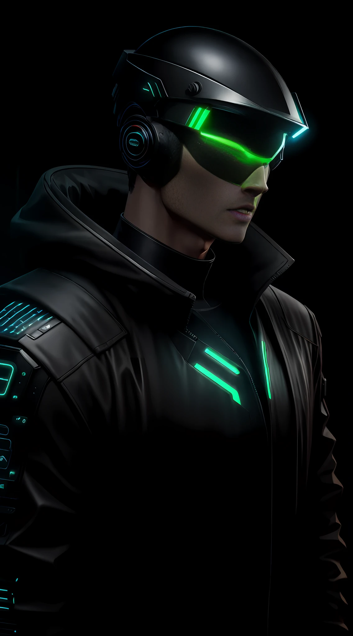 1man, lord with cybernetic pieces, shiny visor, light black short hair, techwear, big black jacket, outdoor skyscraper, neon rim light, night, rain, volumetric lighting, best quality, masterpiece, realistic