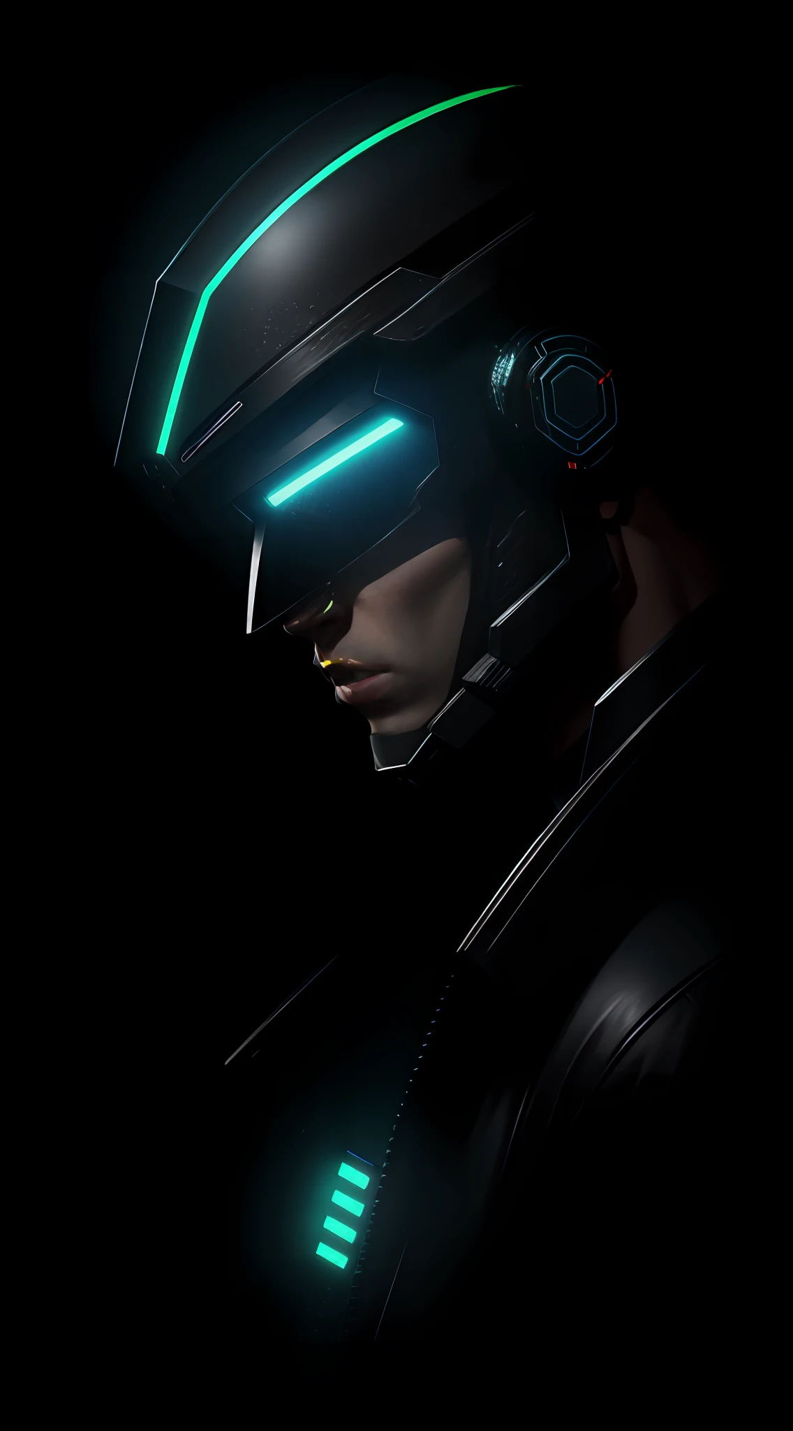 1man, lord with cybernetic pieces, shiny visor, light black short hair, techwear, big black jacket, outdoor skyscraper, neon rim light, night, rain, volumetric lighting, best quality, masterpiece, realistic