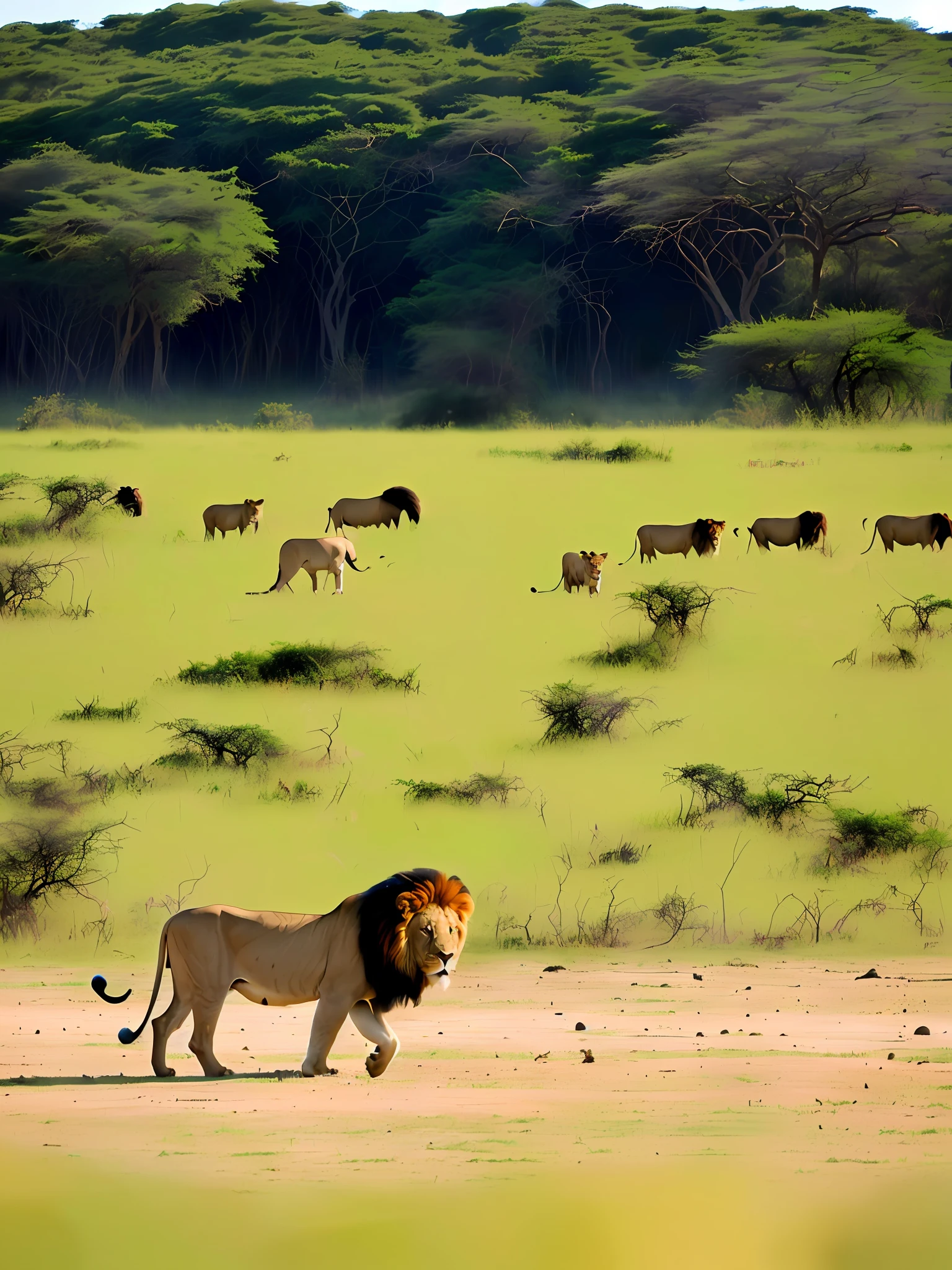 Natural lion African savanna in the background