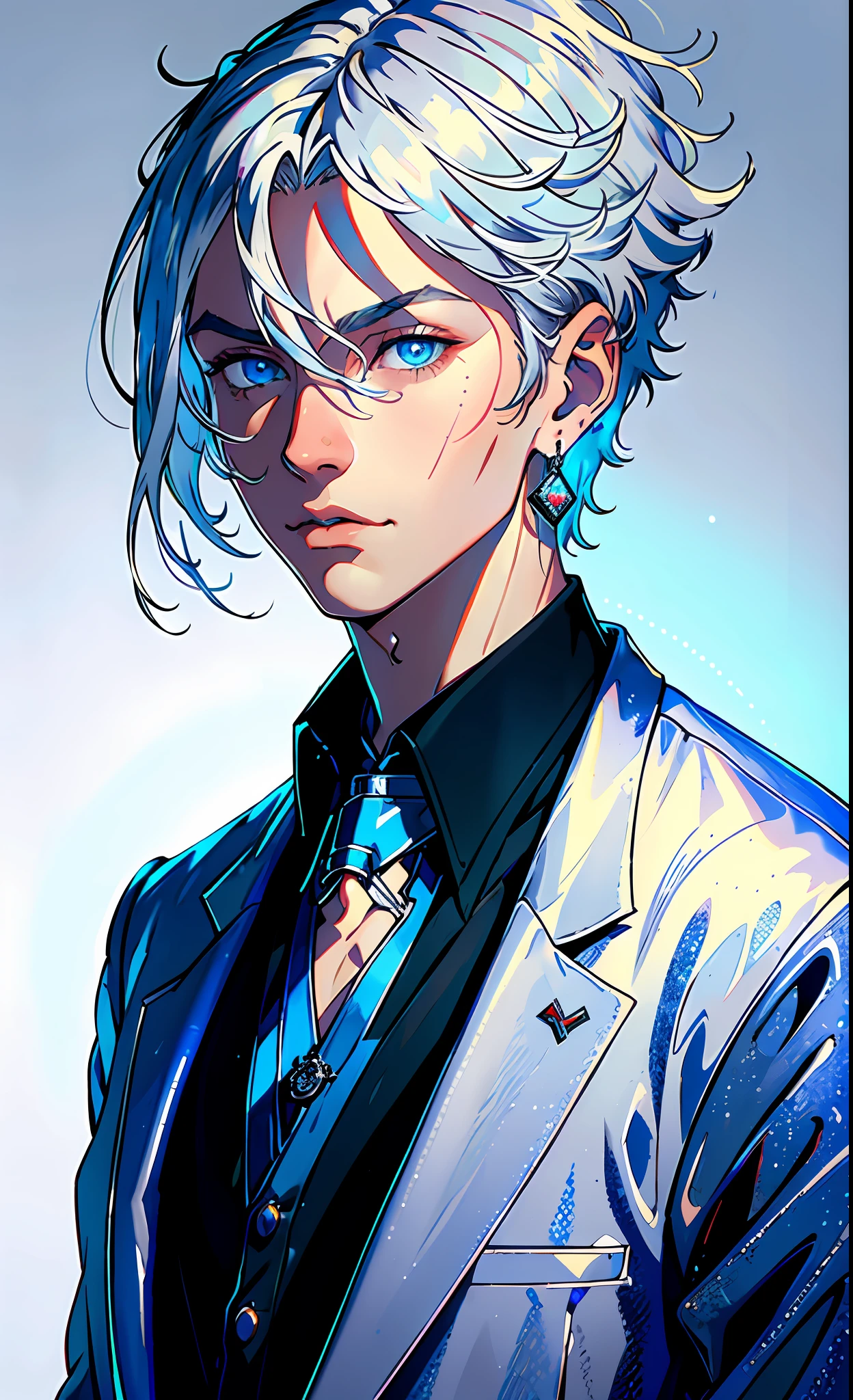 (best quality, masterpiece), portrait, 1 boy, solo, magician, (silver hair, short), (ice blue eyes), a long earring in one ear, blue medallion, black shirt, white pants, (sunset background), blue light enveloping it